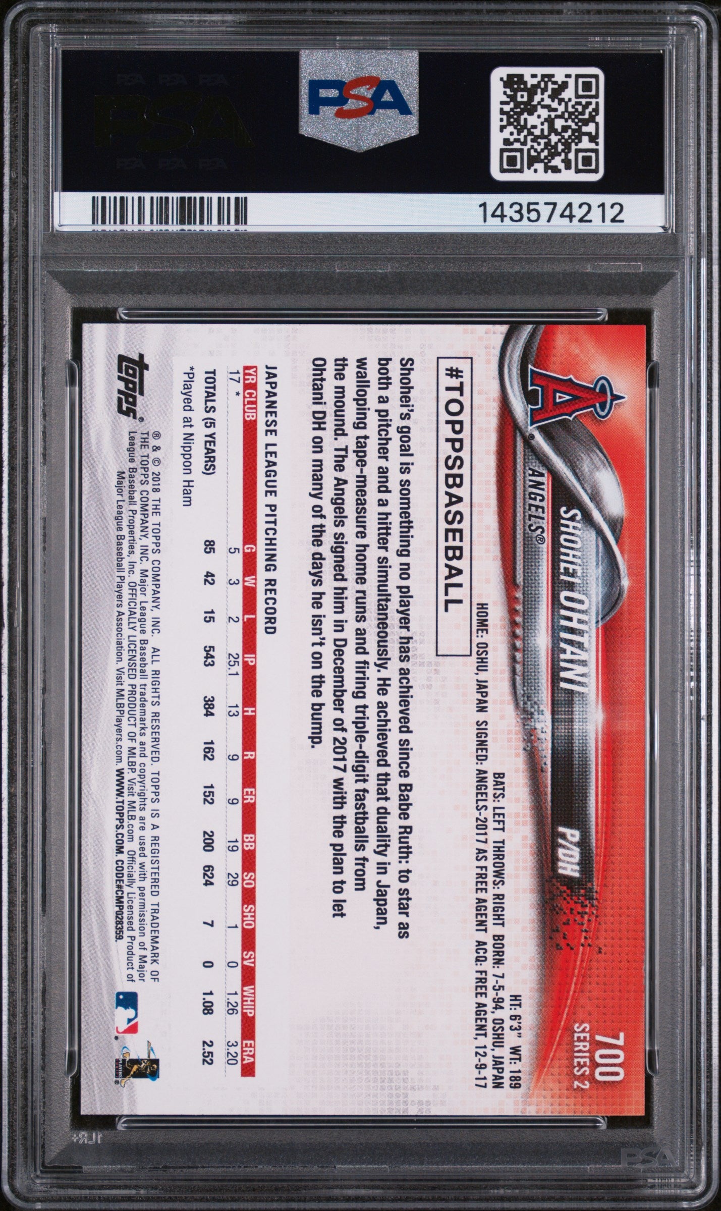 2018 Topps Pitching Shohei Ohtani #700 PSA 9