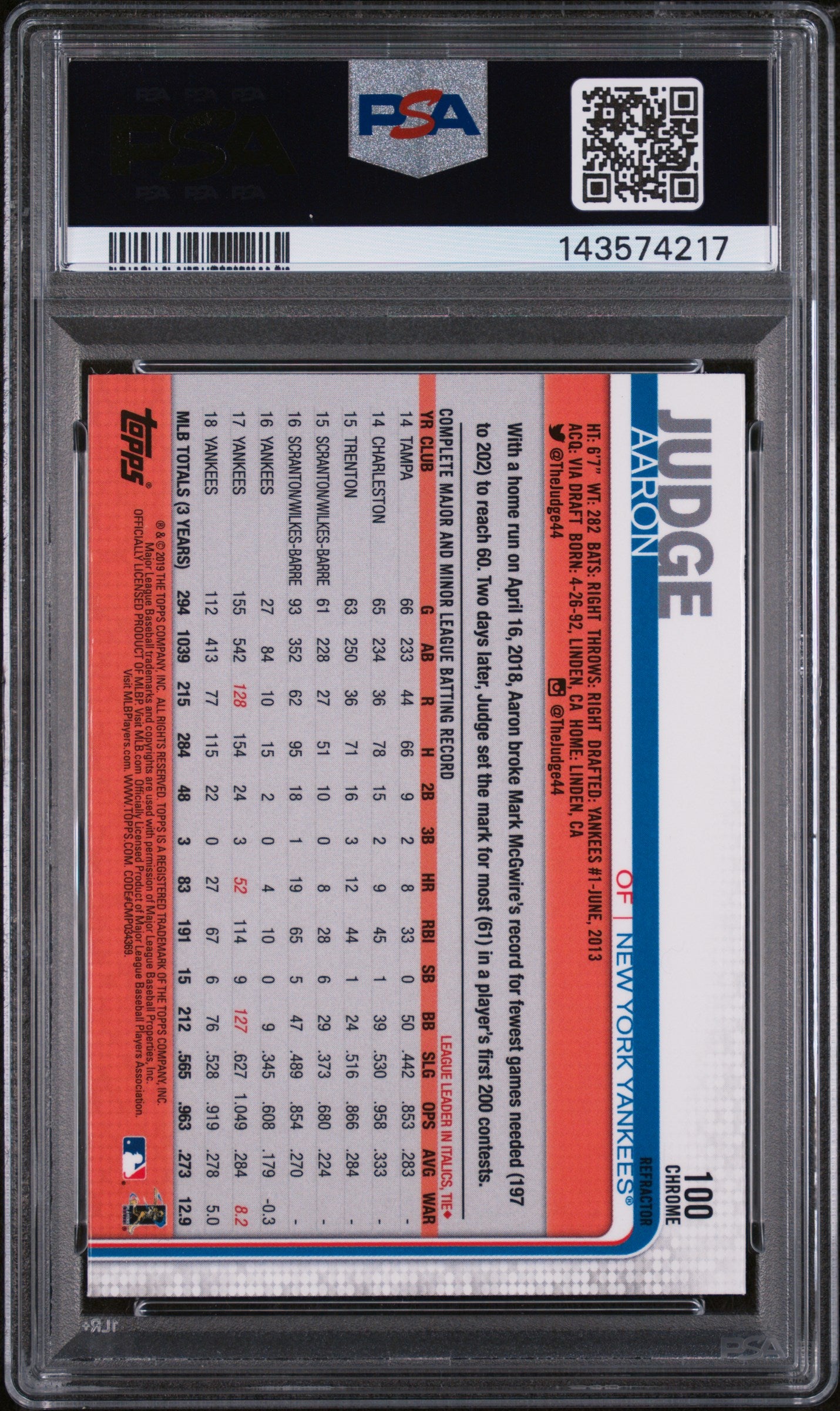 2019 Topps Chrome Xfractor Aaron Judge #100 PSA 10