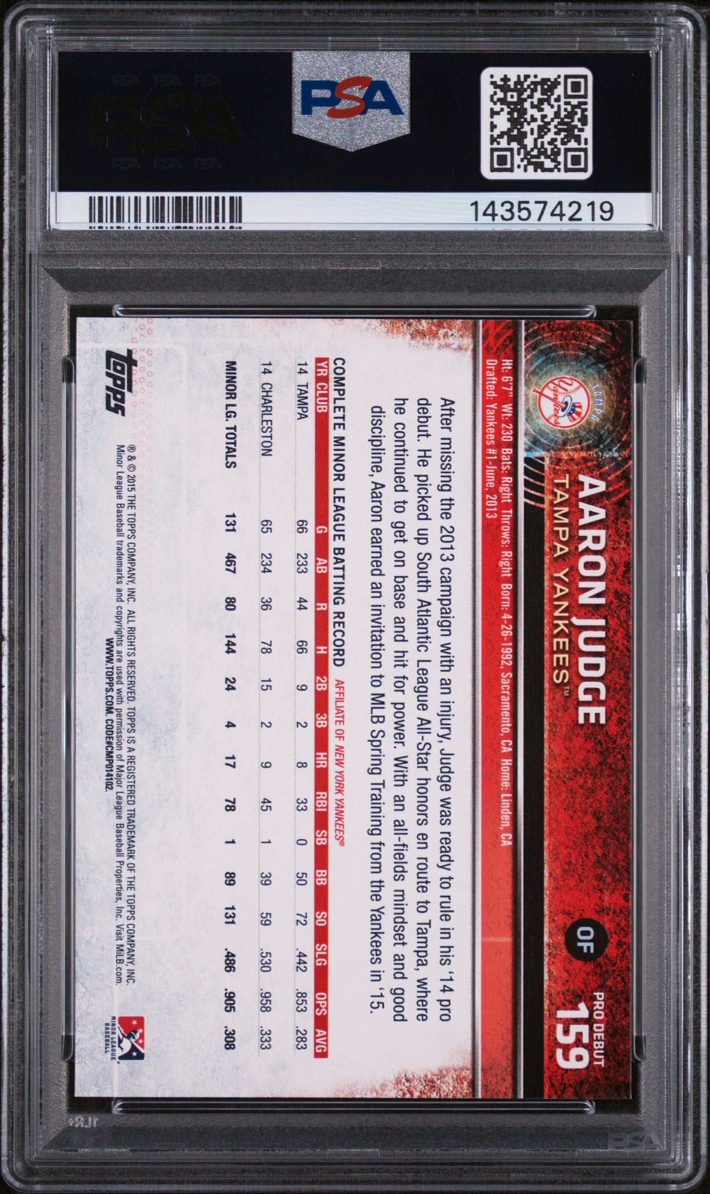 2015 Topps Pro Debut Aaron Judge #159 PSA 10