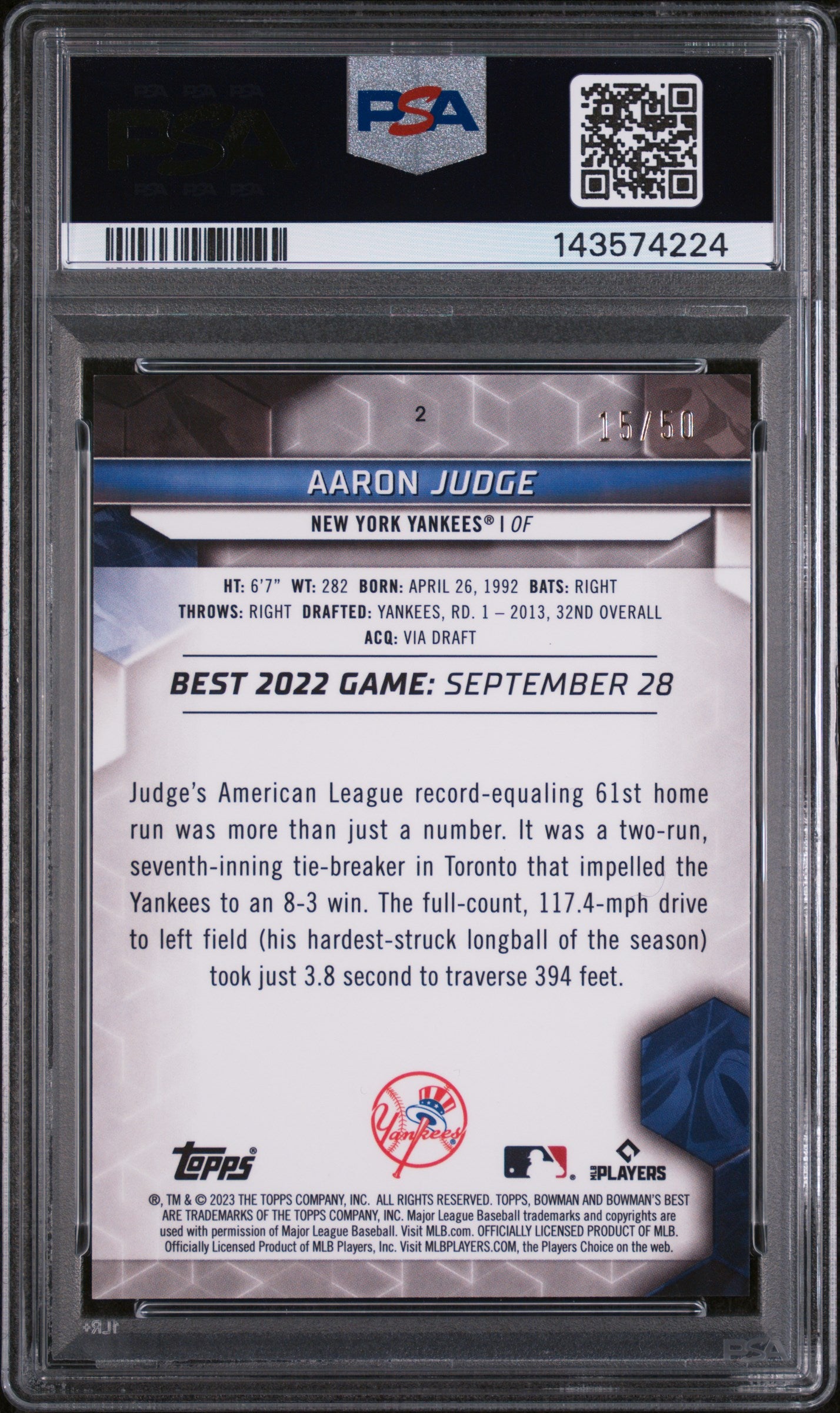 2023 Bowman's Best Gold Aaron Judge #2 /50 PSA 10