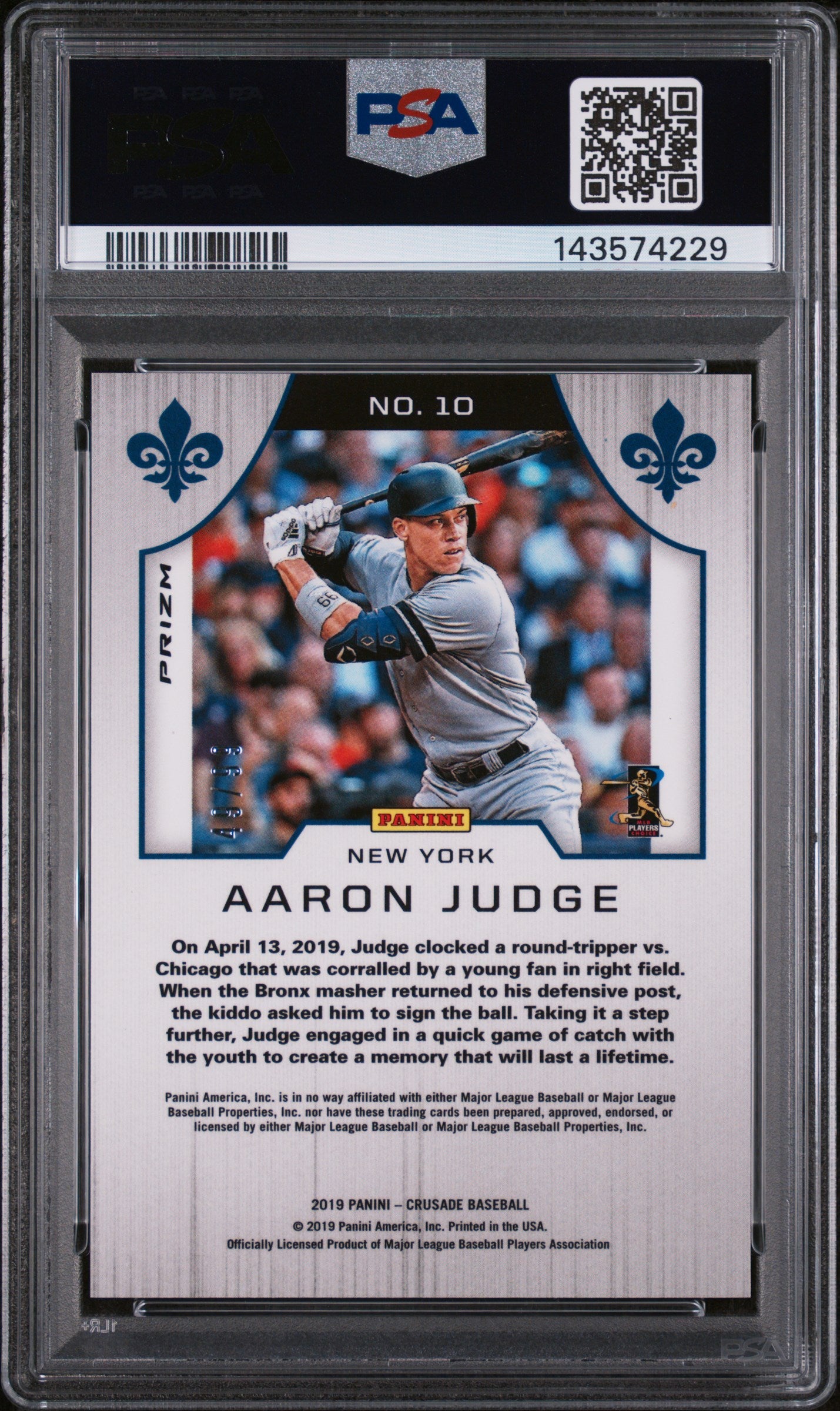 2019 Panini Crusade Blue Ice Aaron Judge #10 /99 PSA 10