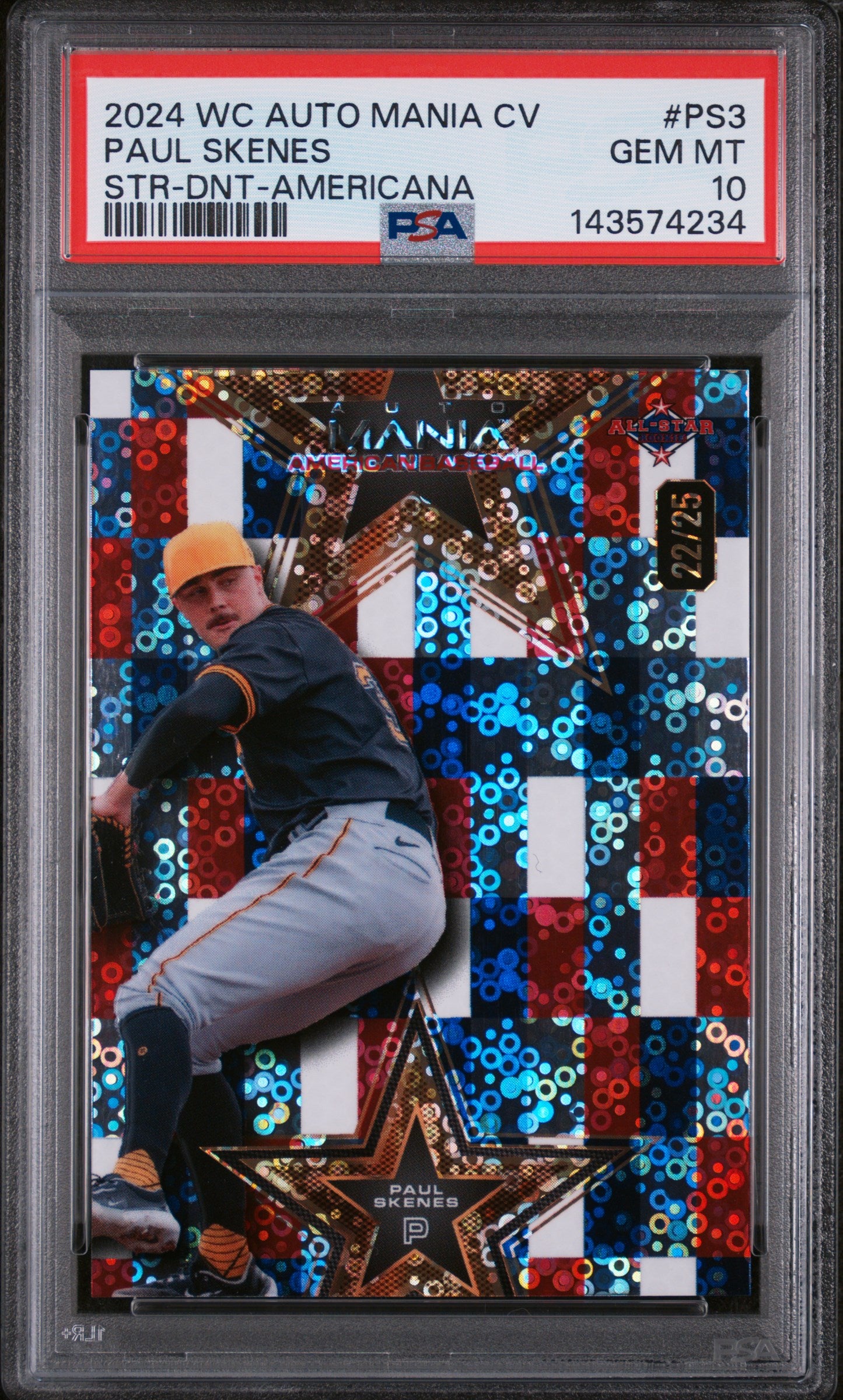 2024 Wild Card Auto Mania American Baseball Clearview National Exclusive Paul Skenes Str-Dnt-Americana Paul Skenes #PS3 /25 PSA 10
