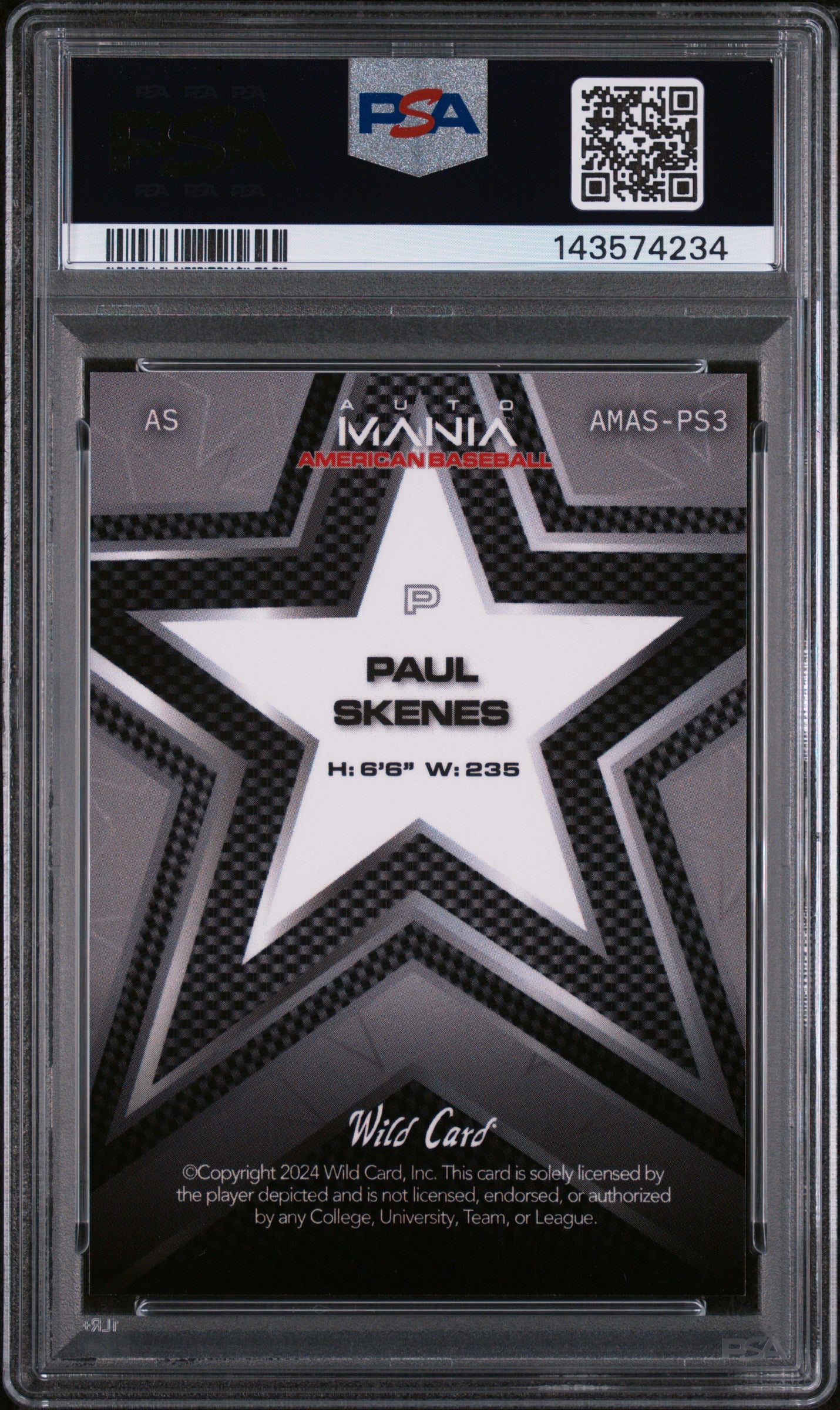 2024 Wild Card Auto Mania American Baseball Clearview National Exclusive Paul Skenes Str-Dnt-Americana Paul Skenes #PS3 /25 PSA 10