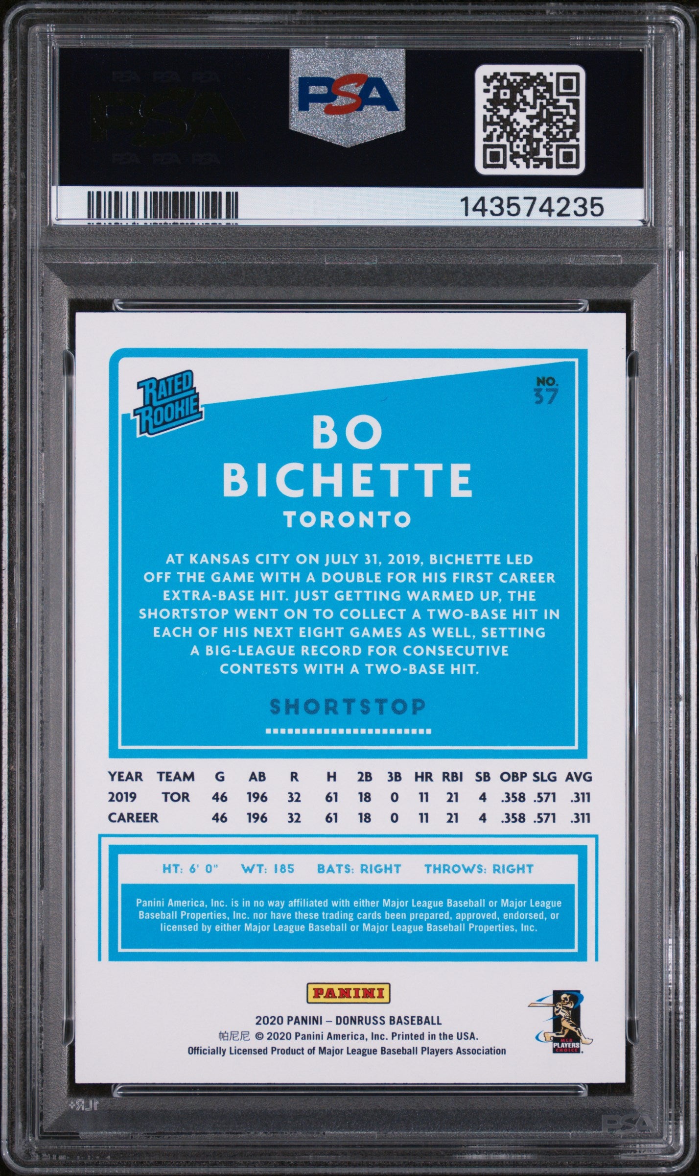2020 Panini Donruss One Hundred Bo Bichette #37 /100 PSA 9