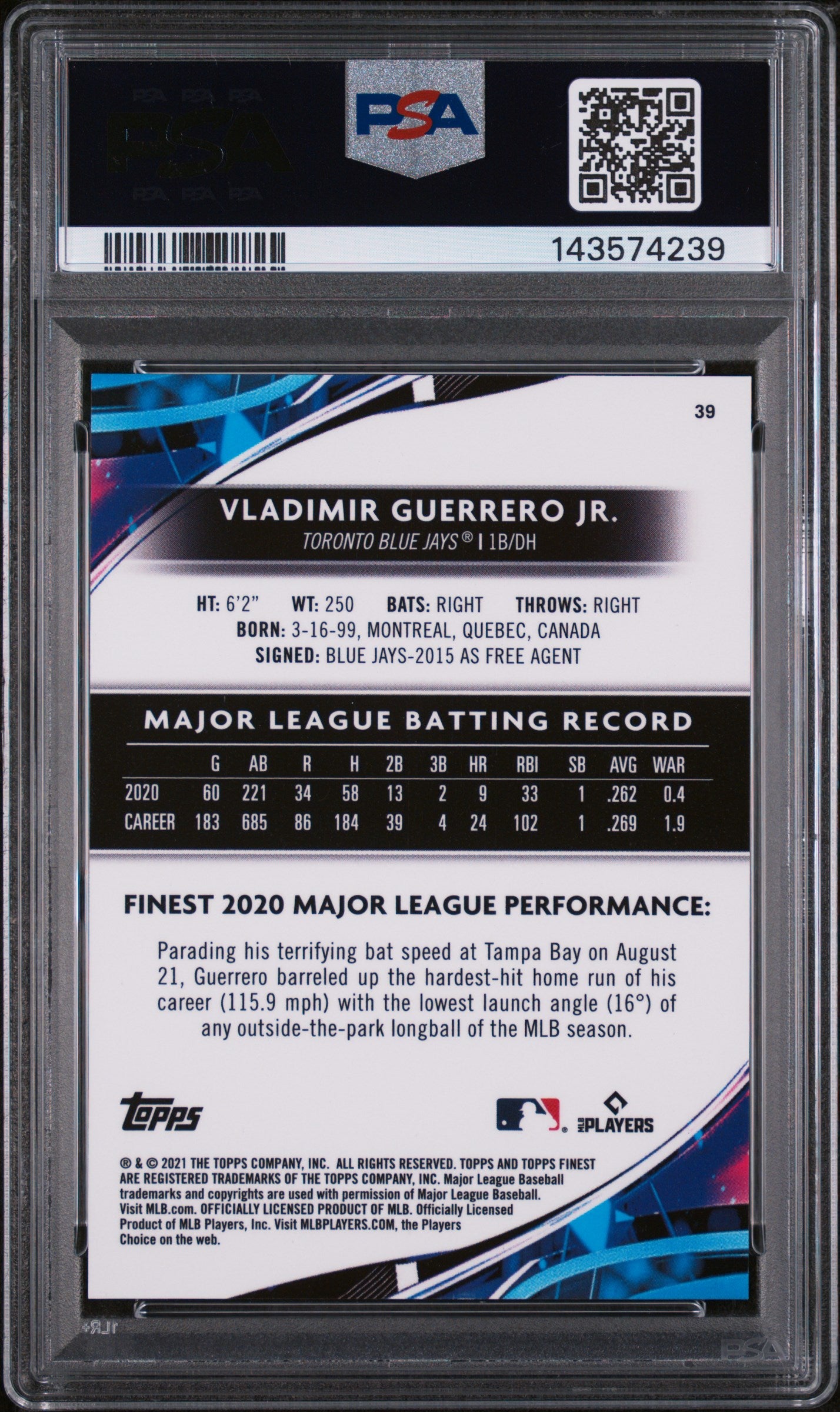 2021 Finest Gold Refractor Vladimir Guerrero Jr. #39 /50 PSA 9