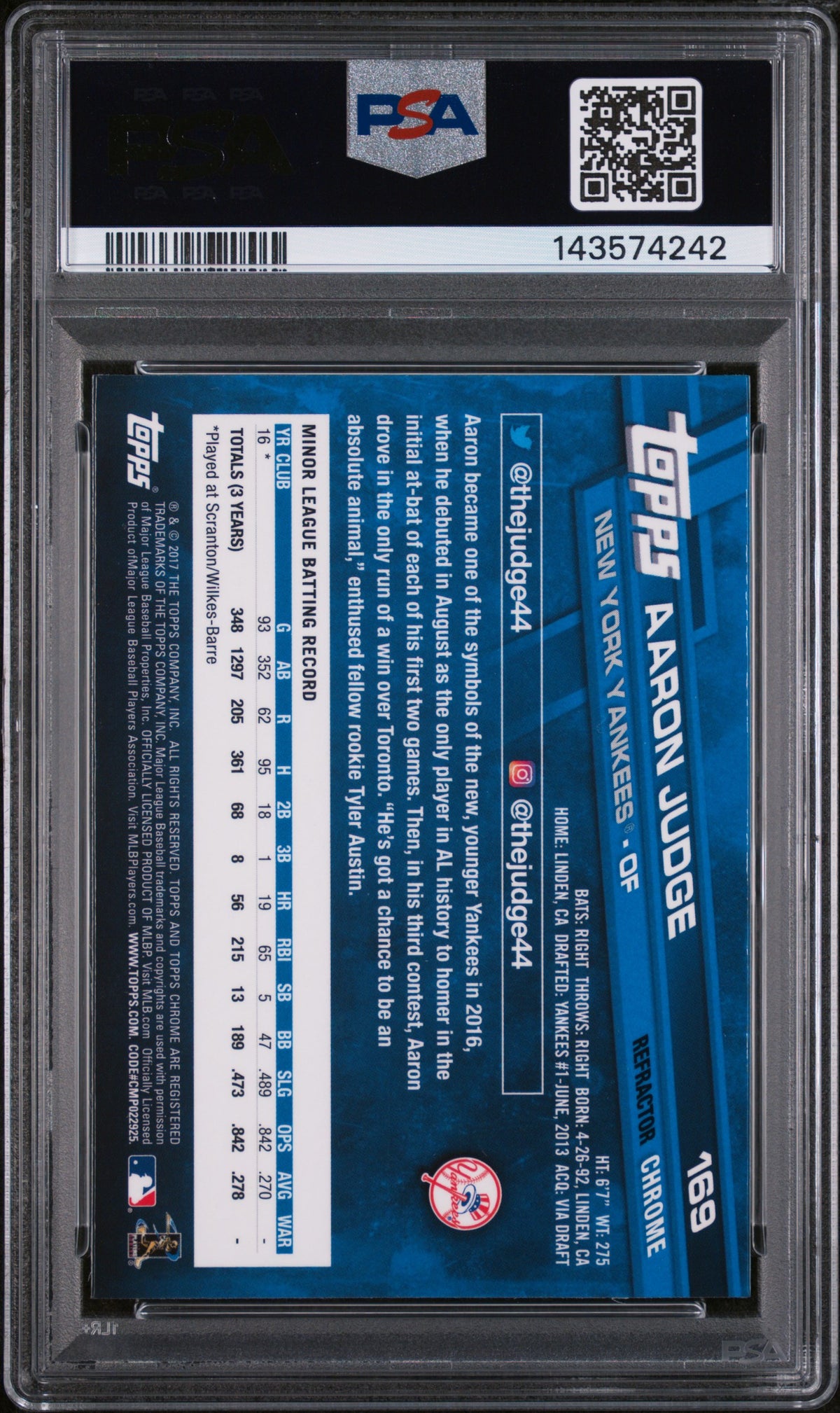 2017 Topps Chrome Catching Refractor Aaron Judge #169 PSA 10