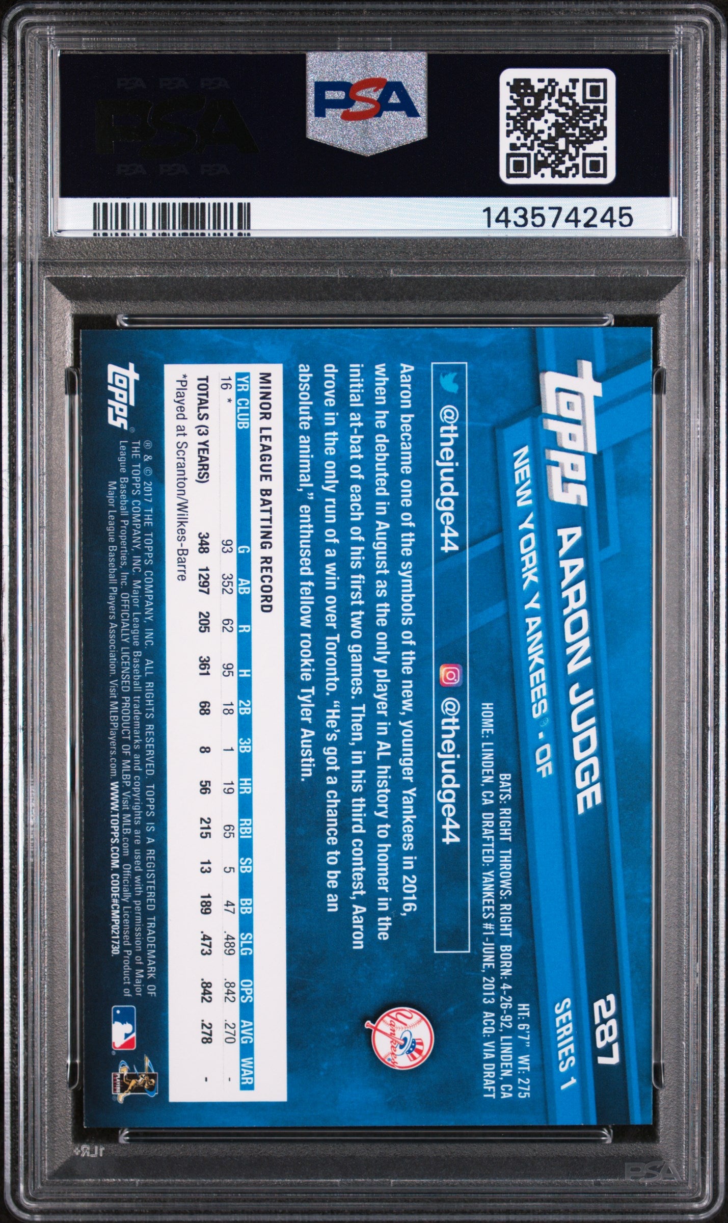 2017 Topps Catching Aaron Judge #287 PSA 9