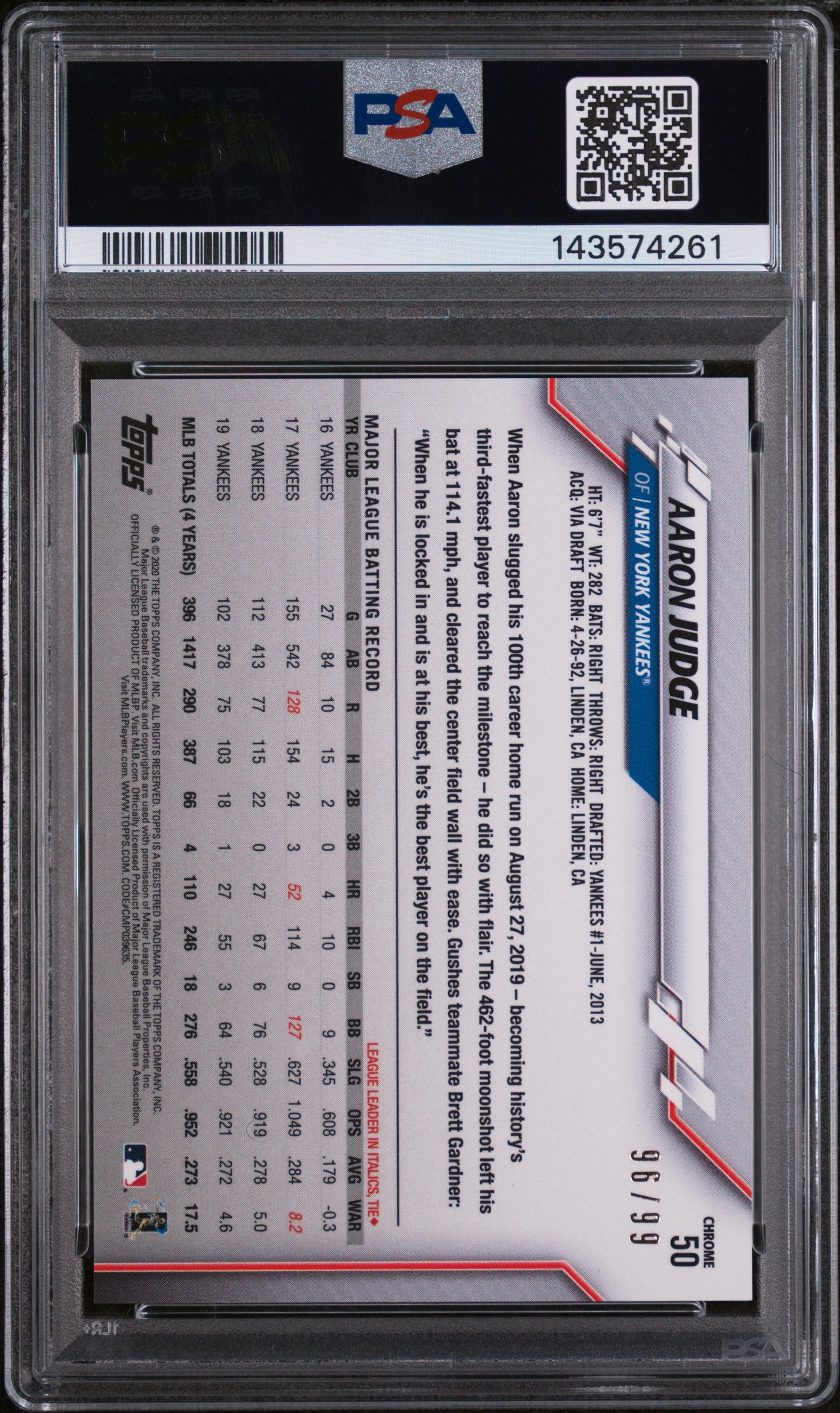 2020 Topps Chrome Photo Variation Green Refractor Aaron Judge #50 /99 PSA 10 143574261