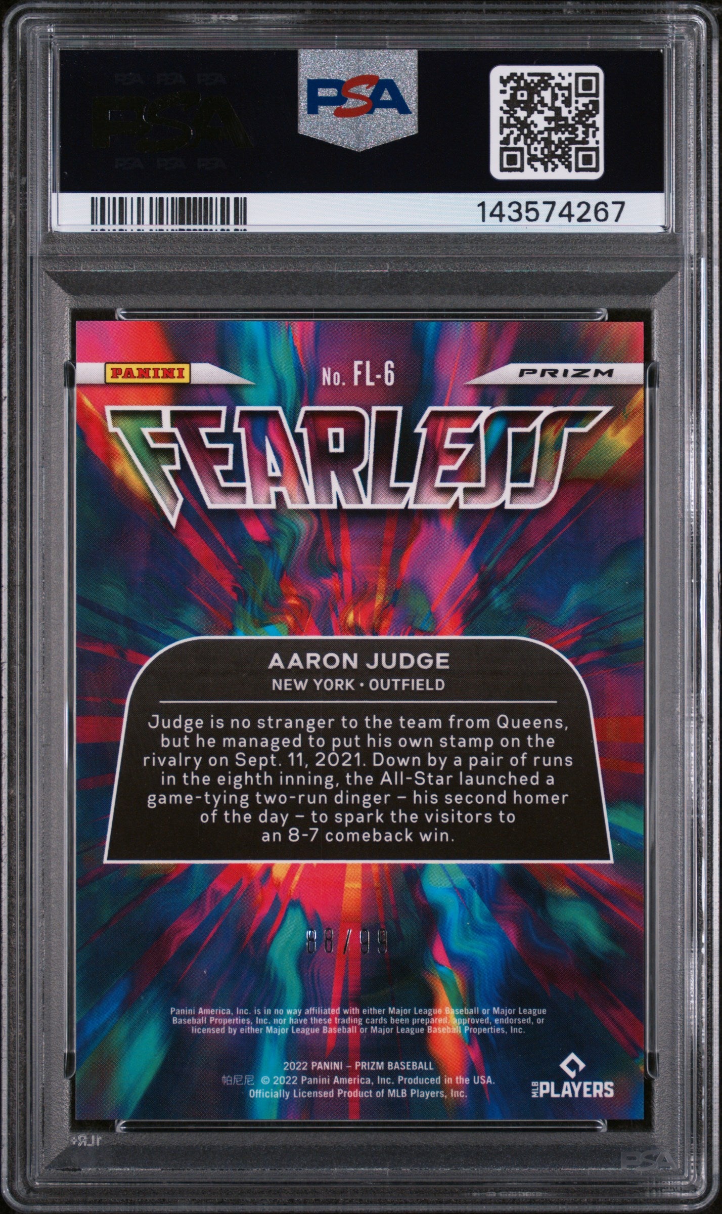 2022 Panini Prizm Fearless Red Donut Circles Prizm Aaron Judge #FL6 /99 PSA 10