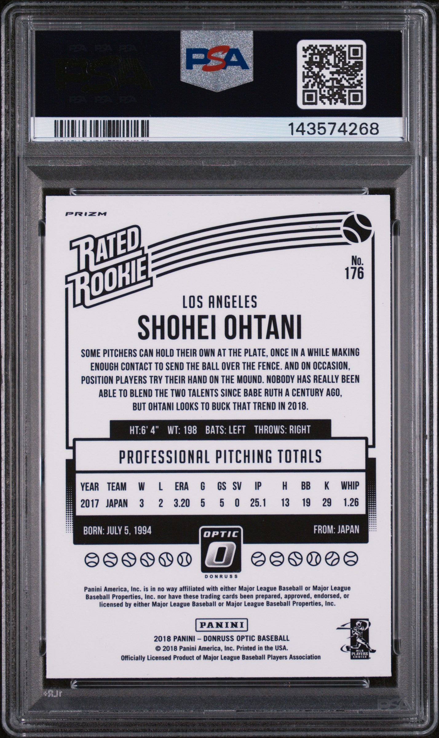 2018 Donruss Optic Rated Rookie Pink Shohei Ohtani #176 PSA 9