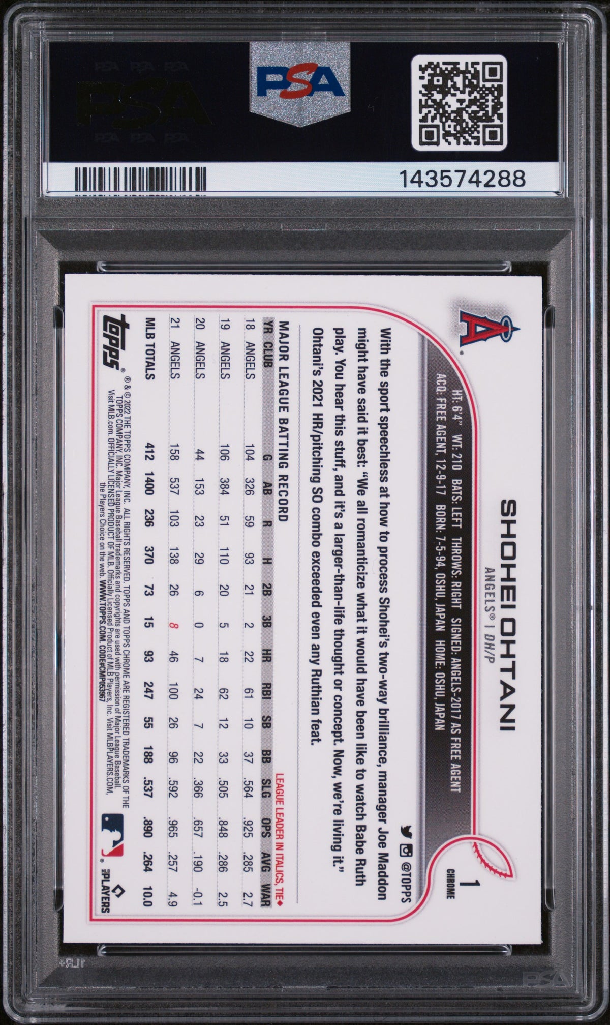 2022 Topps Chrome Xfractor Shohei Ohtani #1 PSA 9