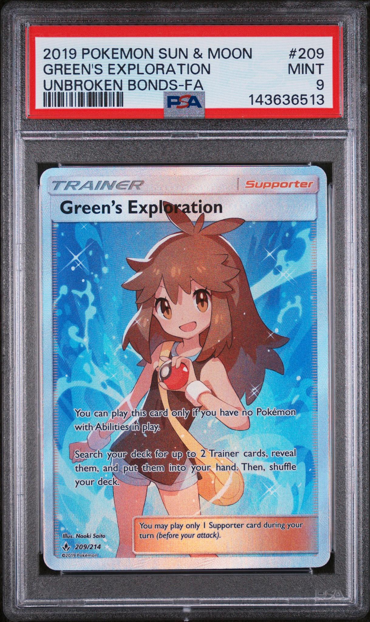 2019 Pokemon Sun and Moon Unbroken Bonds Green's Exploration #209 PSA 9