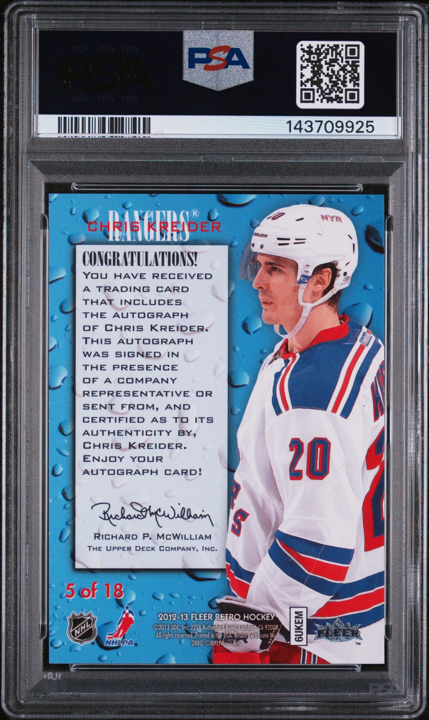 2012 Fleer Retro 1994-95 Rookie Sensations Autographs Chris Kreider #5 /5 PSA 8