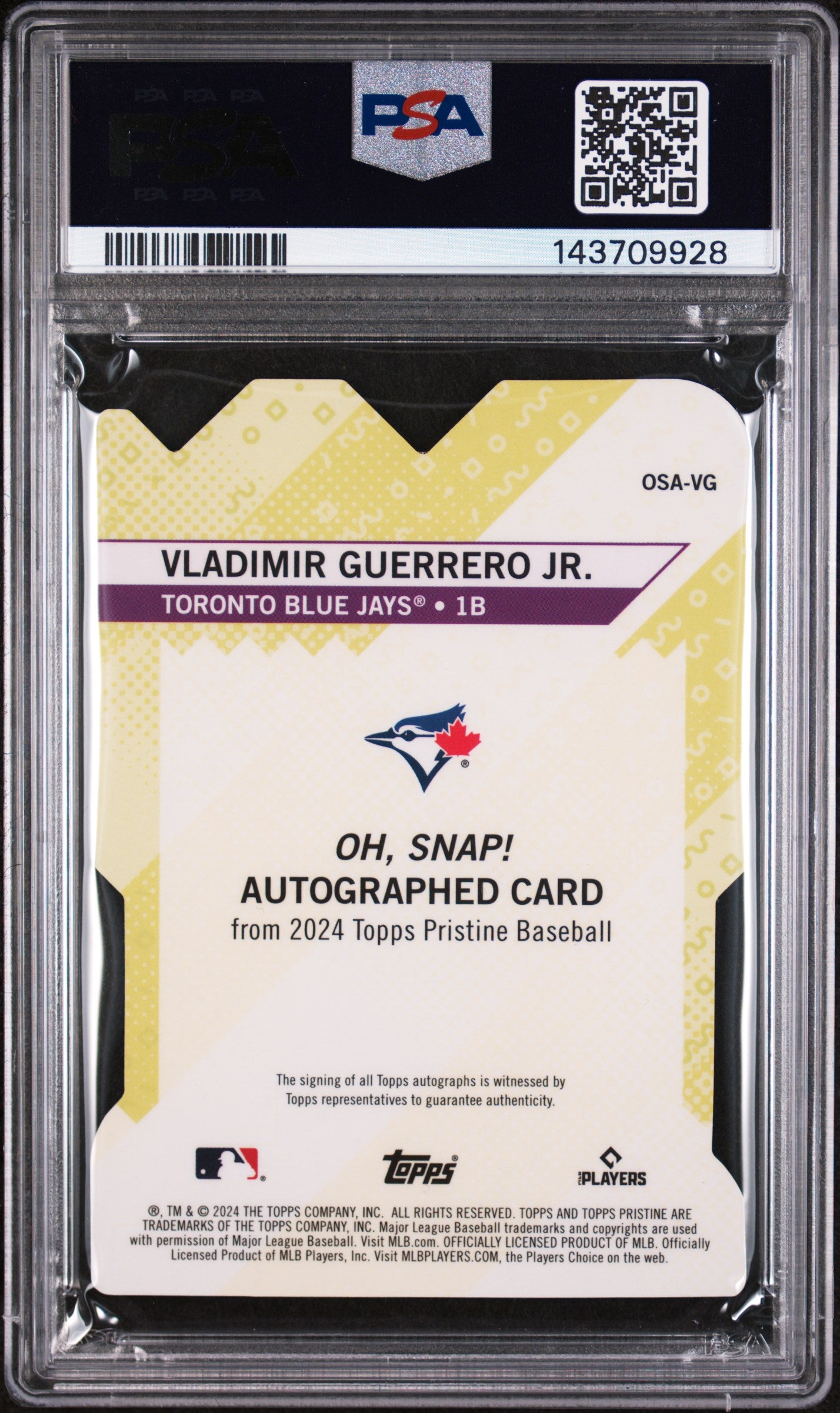 2024 Topps Pristine Oh Snap! Autographs Oh Snap! Au-Gold Refractor Vladimir Guerrero Jr. #VG /50 PSA 9
