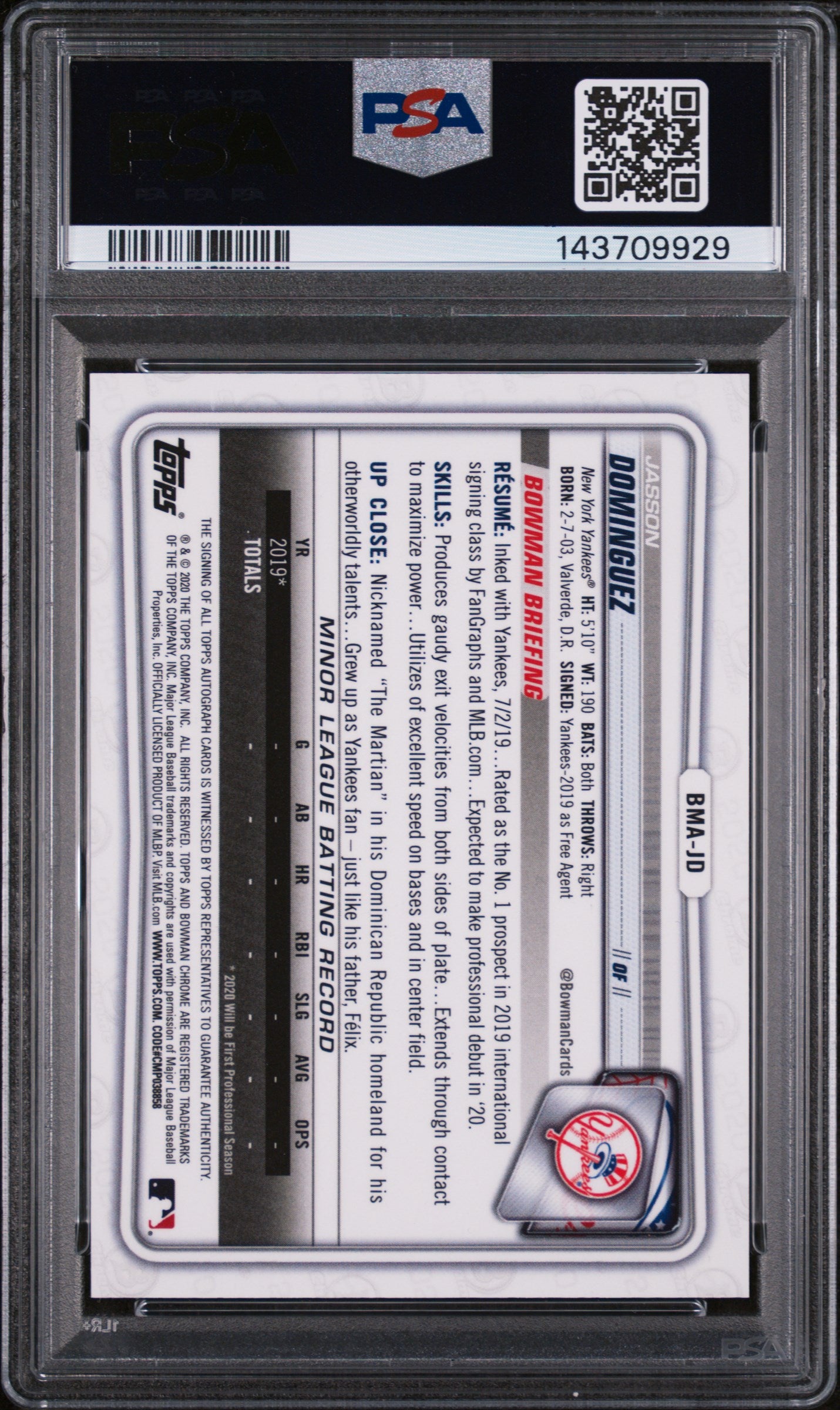 2020 Bowman Chrome Mega Box Prospect Autograph Refractor Jasson Dominguez #BMAJD PSA 8