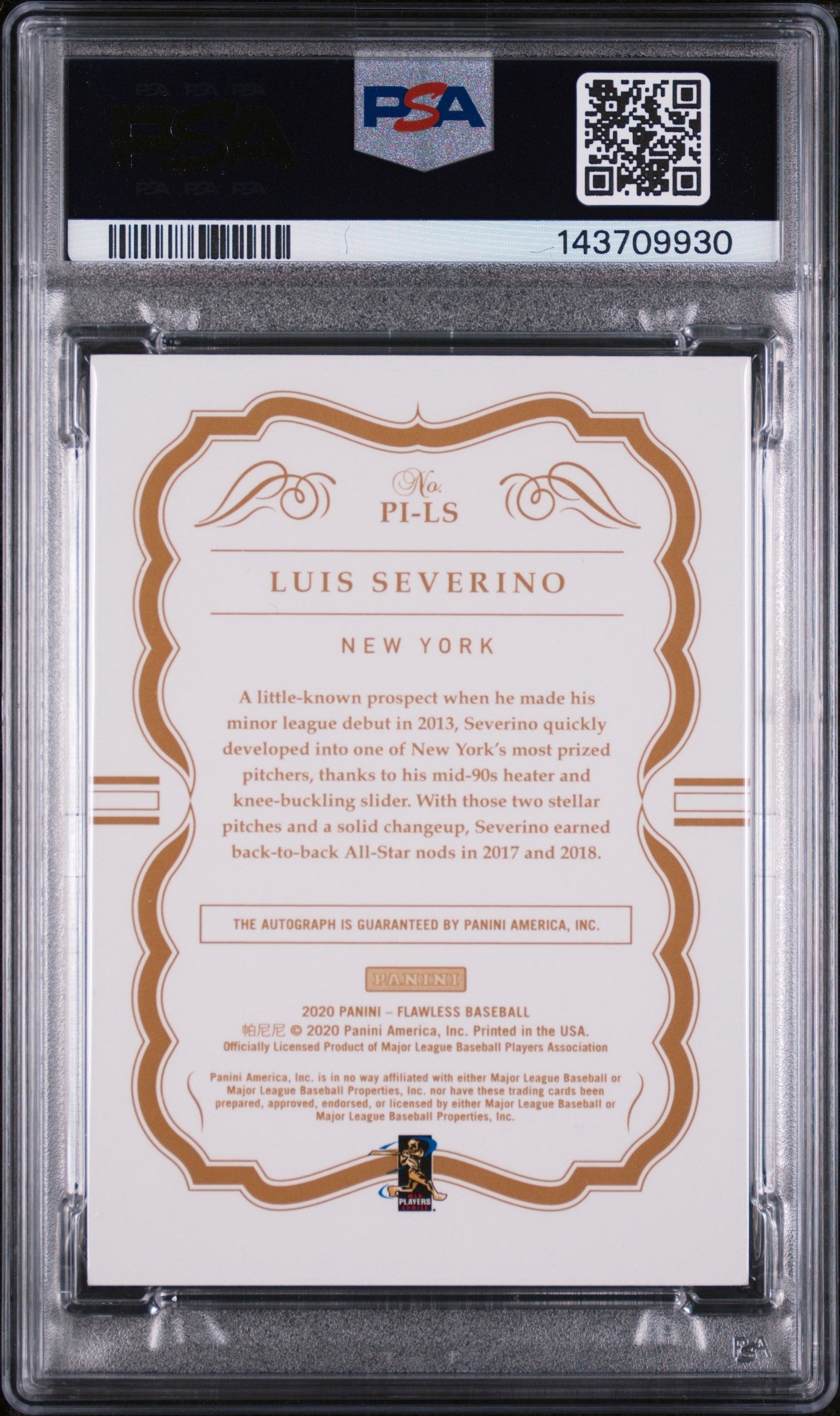 2020 Panini Flawless Premium Ink Ruby Luis Severino #PILS /20 PSA 8
