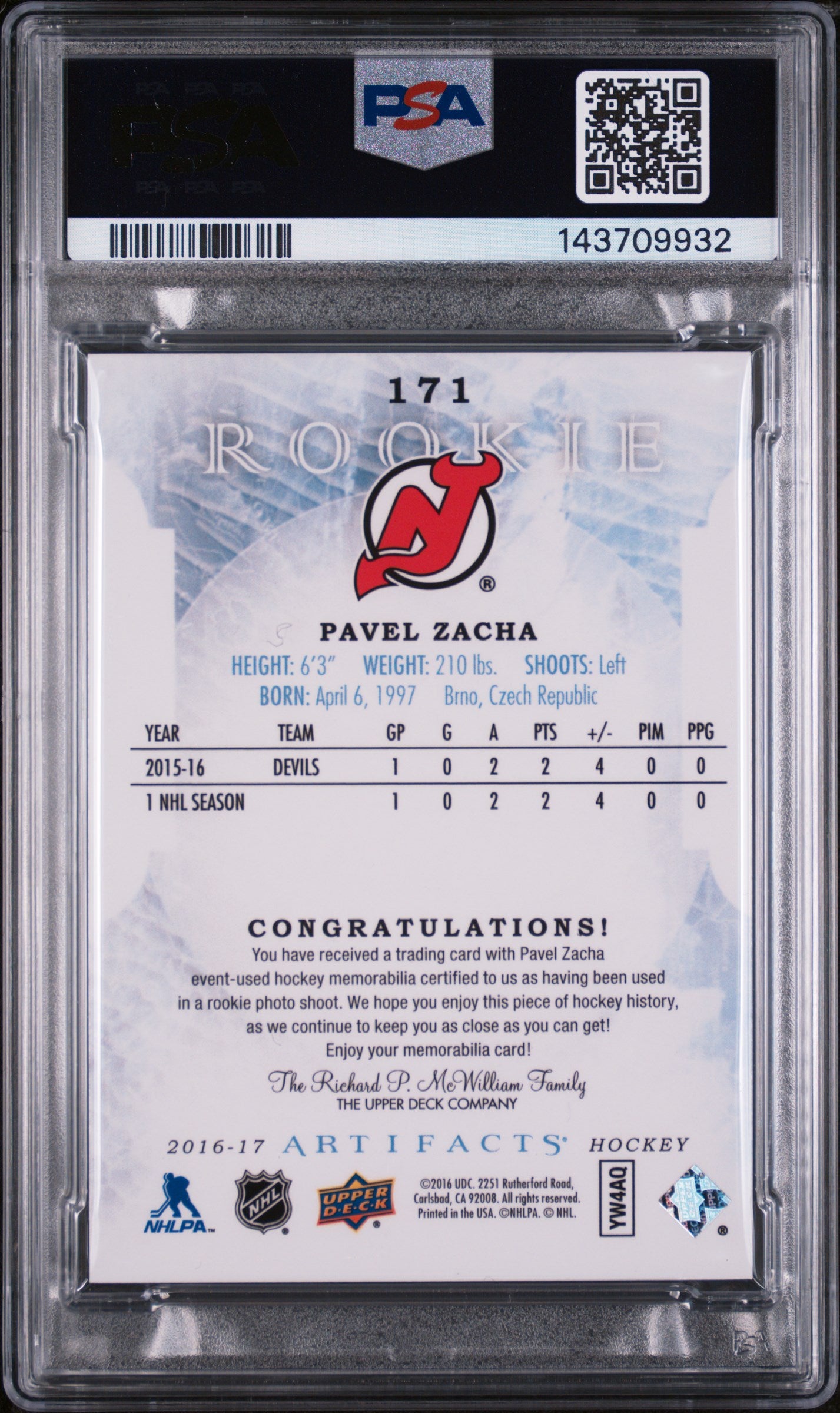 2016 Upper Deck Artifacts Black Materials Pavel Zacha #171 PSA 7