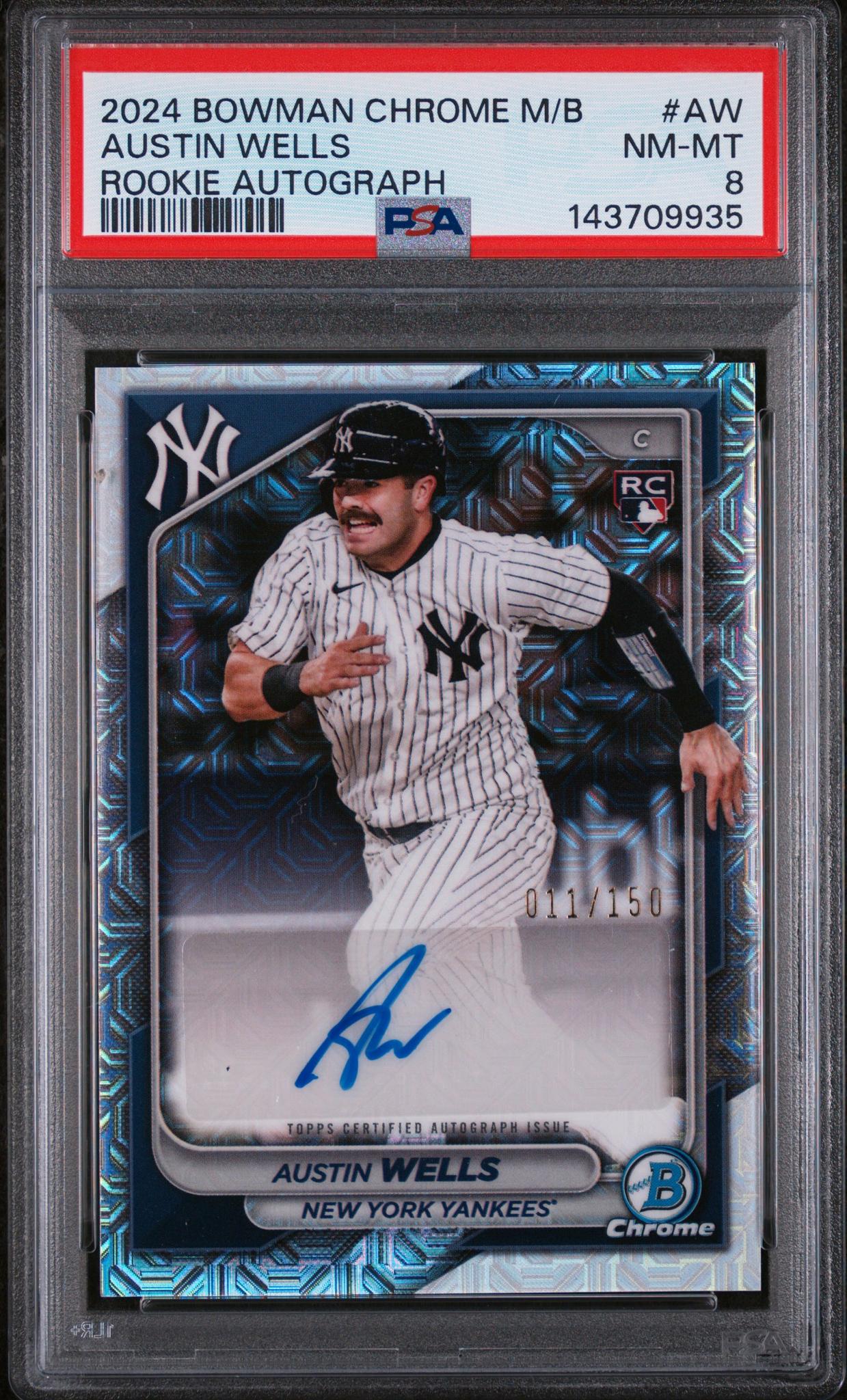 2024 Bowman Chrome Mega Box Mega Chrome Rookie Autographs Austin Wells #AW /150 PSA 8