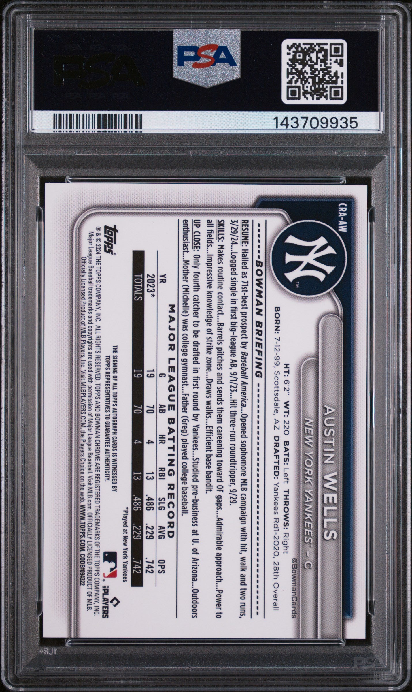 2024 Bowman Chrome Mega Box Mega Chrome Rookie Autographs Austin Wells #AW /150 PSA 8