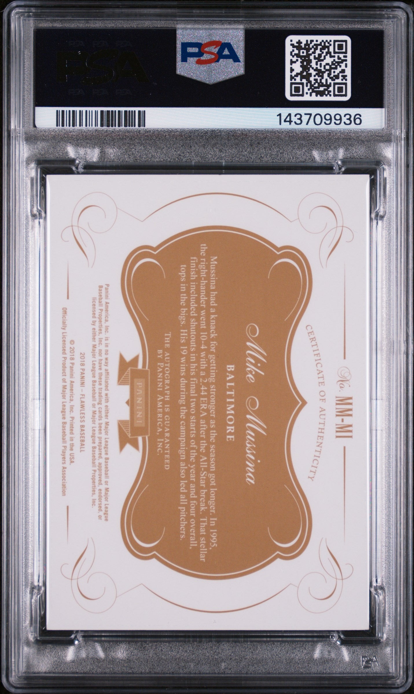 2018 Panini Flawless Memorable Marks Ruby Mike Mussina #MI /20 PSA 9