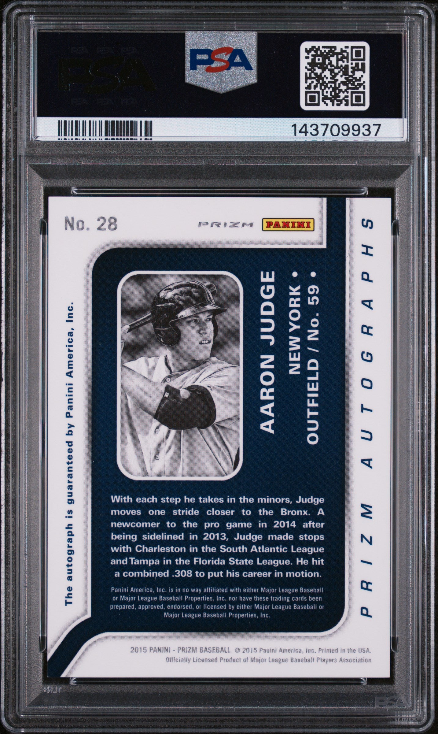 2015 Panini Prizm Autograph Prizms Red Power Aaron Judge #28 /125 PSA 9