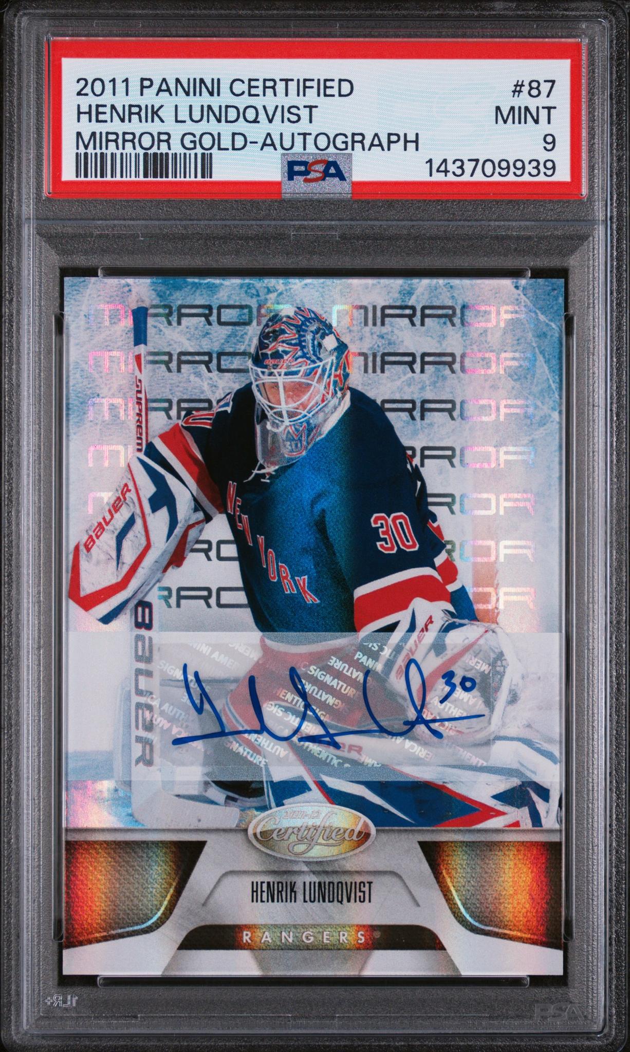 2011 Panini Certified Mirror Gold-Autograph Henrik Lundqvist #87 /25 PSA 9