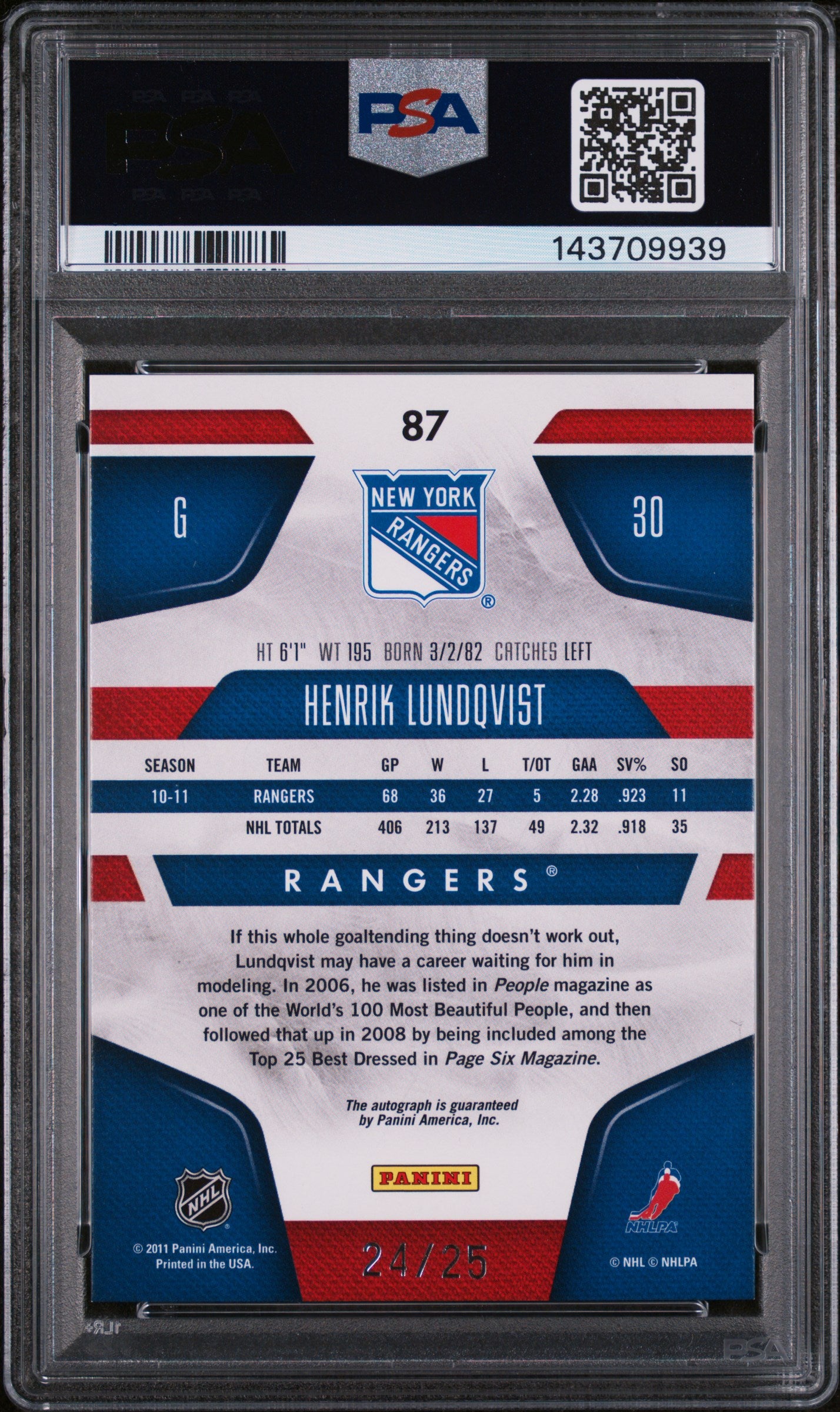 2011 Panini Certified Mirror Gold-Autograph Henrik Lundqvist #87 /25 PSA 9