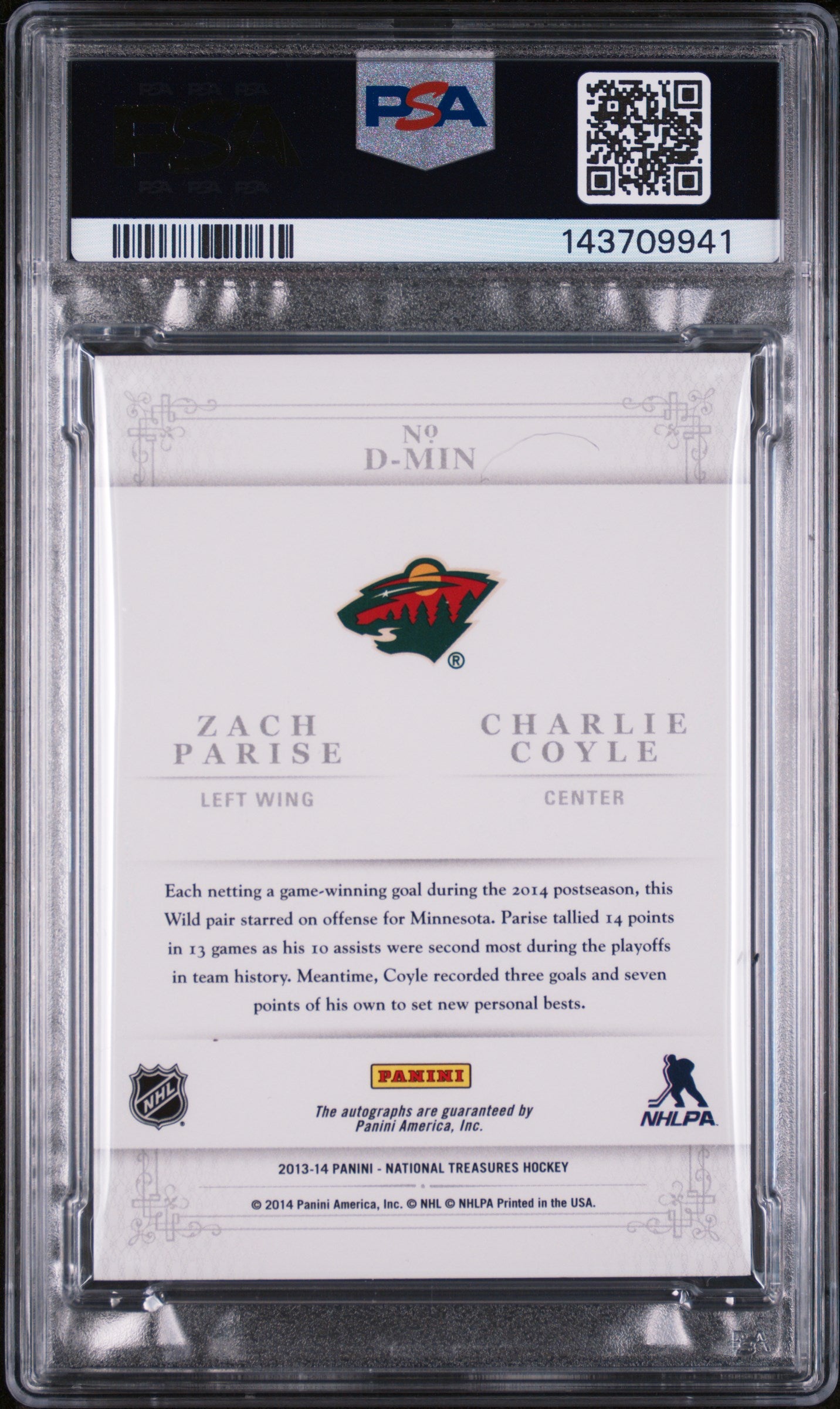 2013 Panini National Treasures Dual Autograph Charlie Coyle/Zach Parise #D-MIN /100 PSA 9