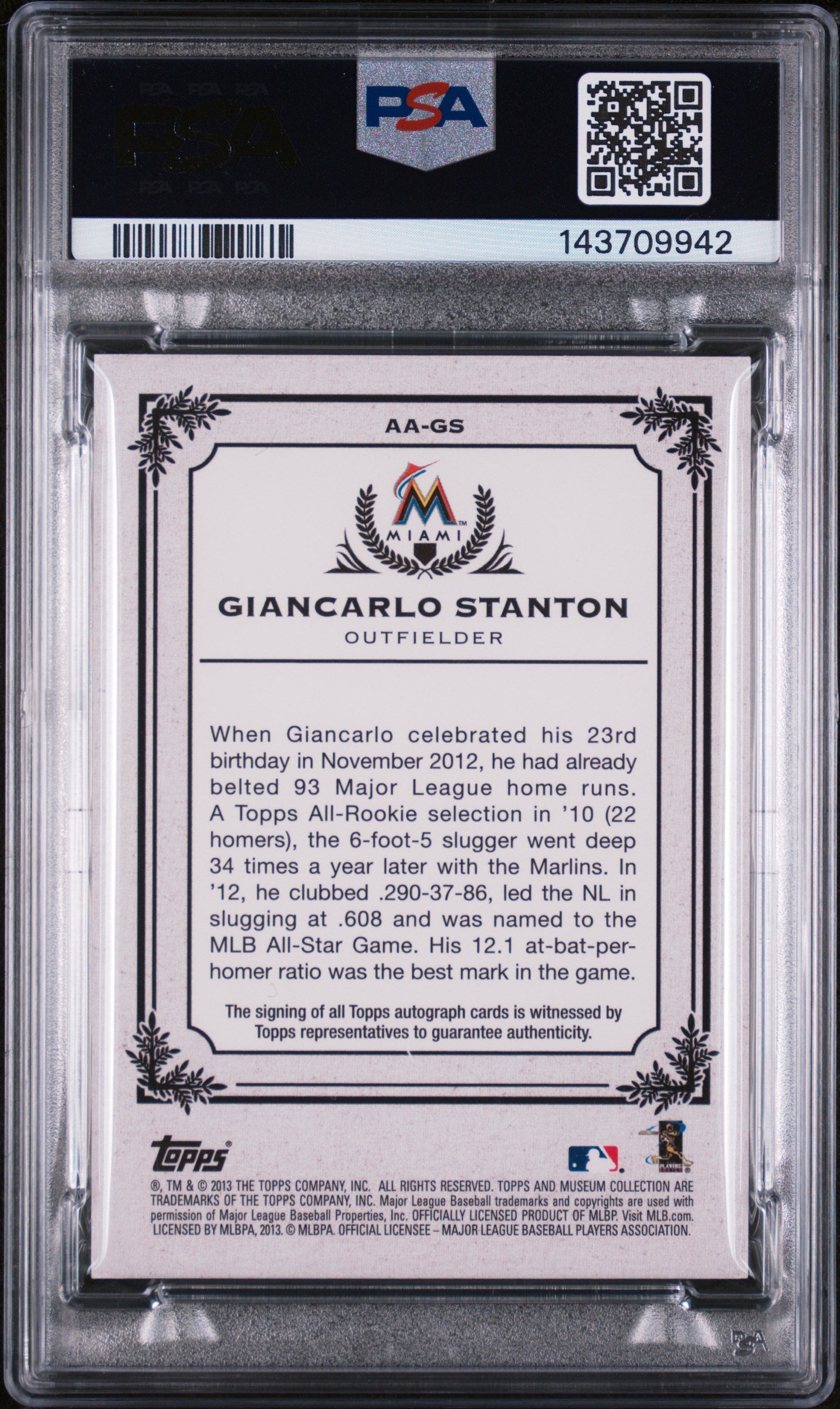 2013 Topps Museum Collection Archival Autographs Giancarlo Stanton #GS /199 PSA 8
