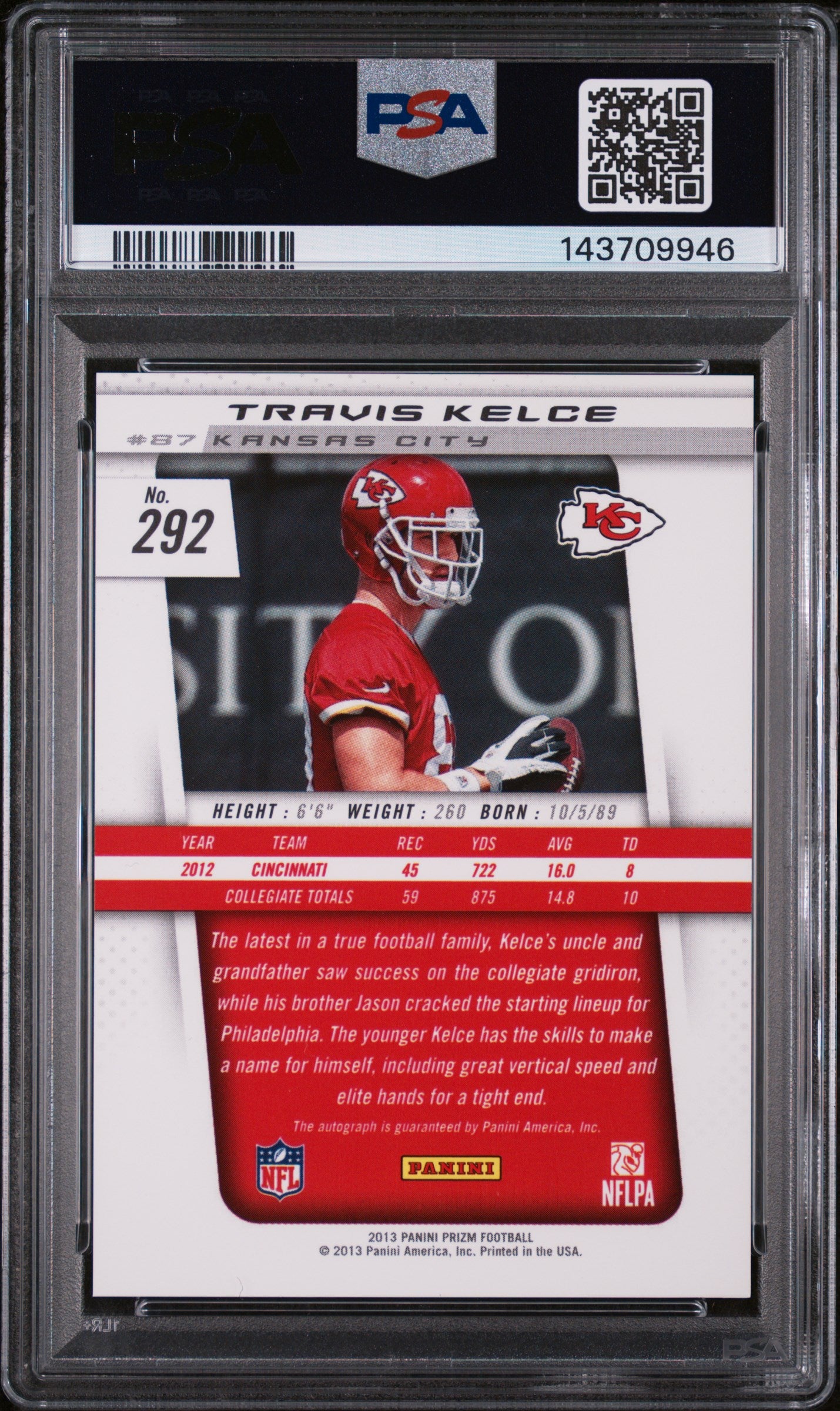 2013 Panini Prizm Rookie Autograph Travis Kelce #292 /99 PSA 10