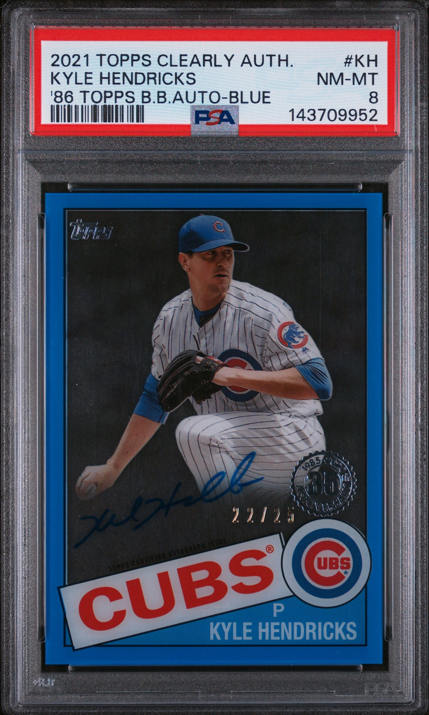 2021 Topps Clearly Authentic 1986 Topps Baseball Autographs '86 Topps B.B.Auto-Blue Kyle Hendricks #KH /25 PSA 8