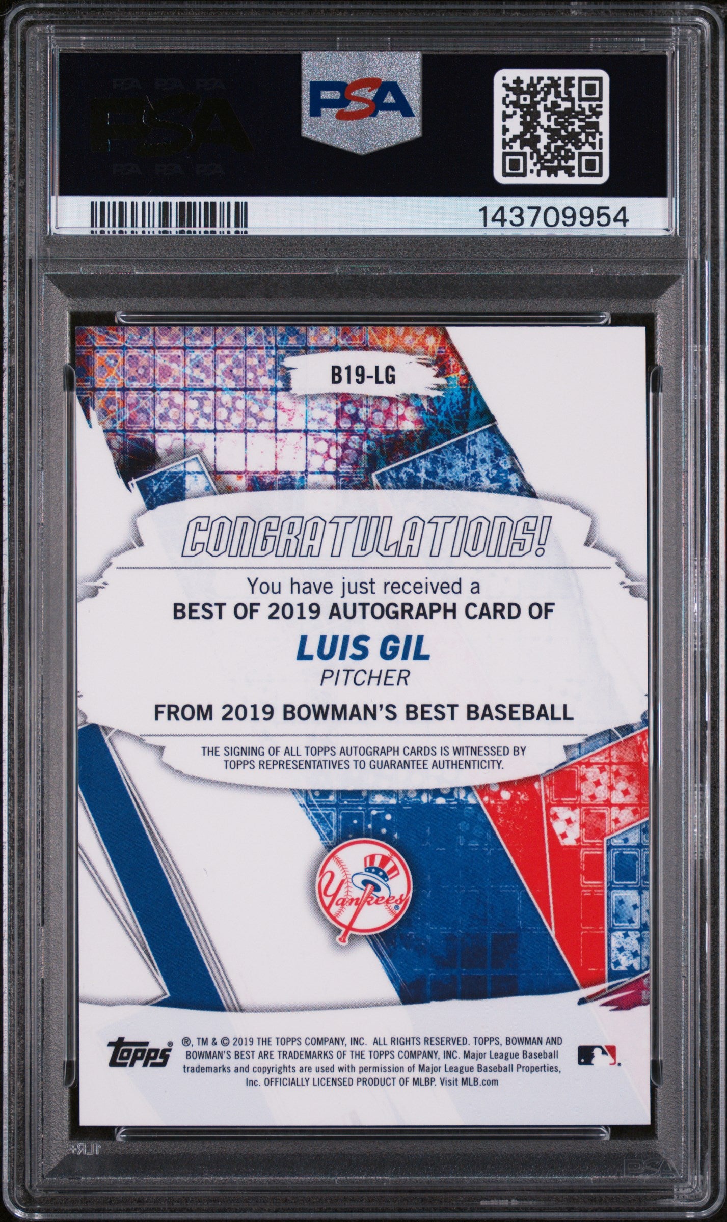 2019 Bowman's Best Best of '19 Autographs Luis Gil #B19LG PSA 10