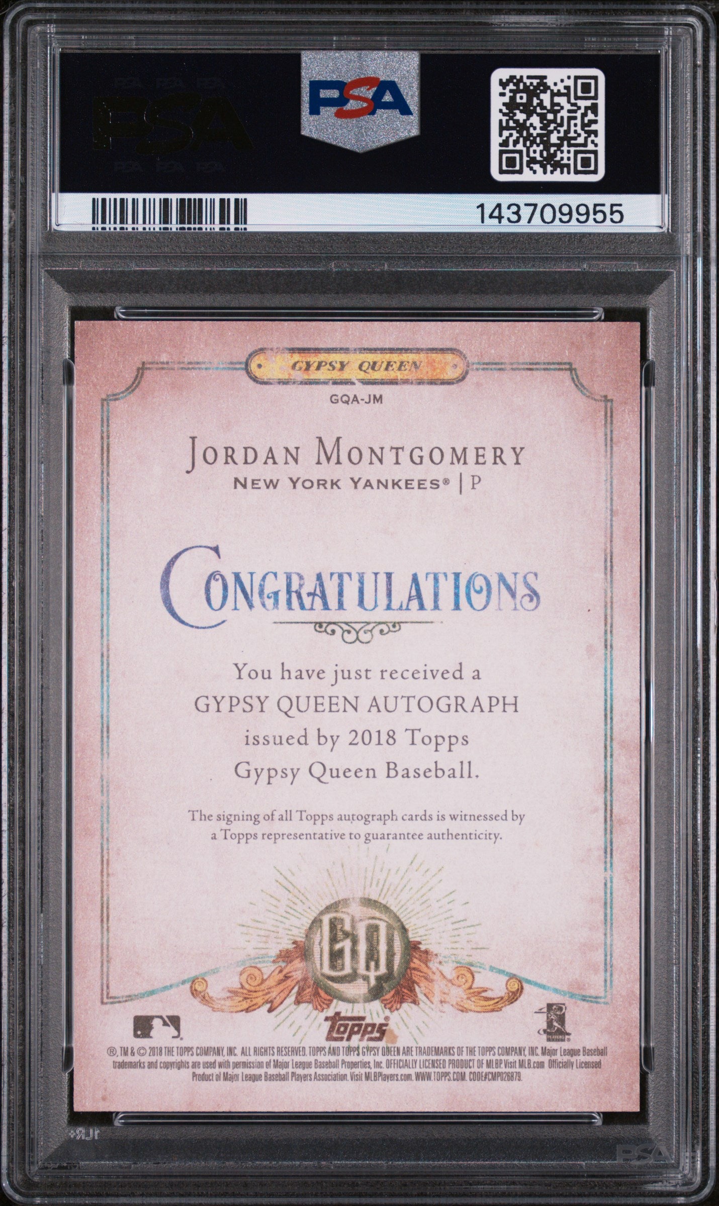 2018 Topps Gypsy Queen Autograph Jordan Montgomery #GQAJM PSA 8