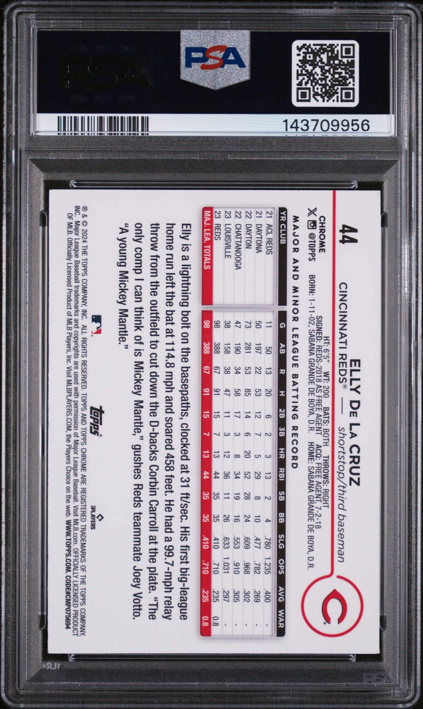 2024 Topps Chrome Negative Refractor Elly De La Cruz #44 PSA 9