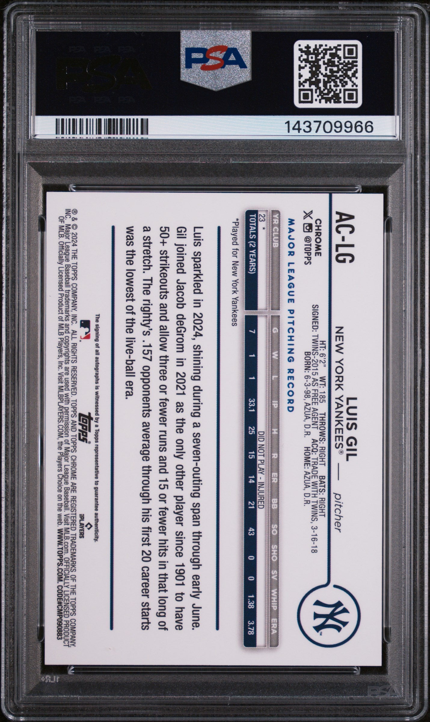 2024 Chrome Update Autographs Blue Raywave Refractors Luis Gil #ACLG /150 PSA 10