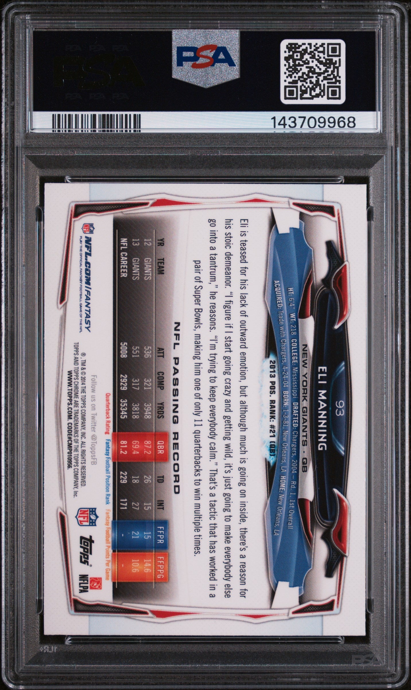 2014 Topps Chrome Eli Manning #93 PSA 9