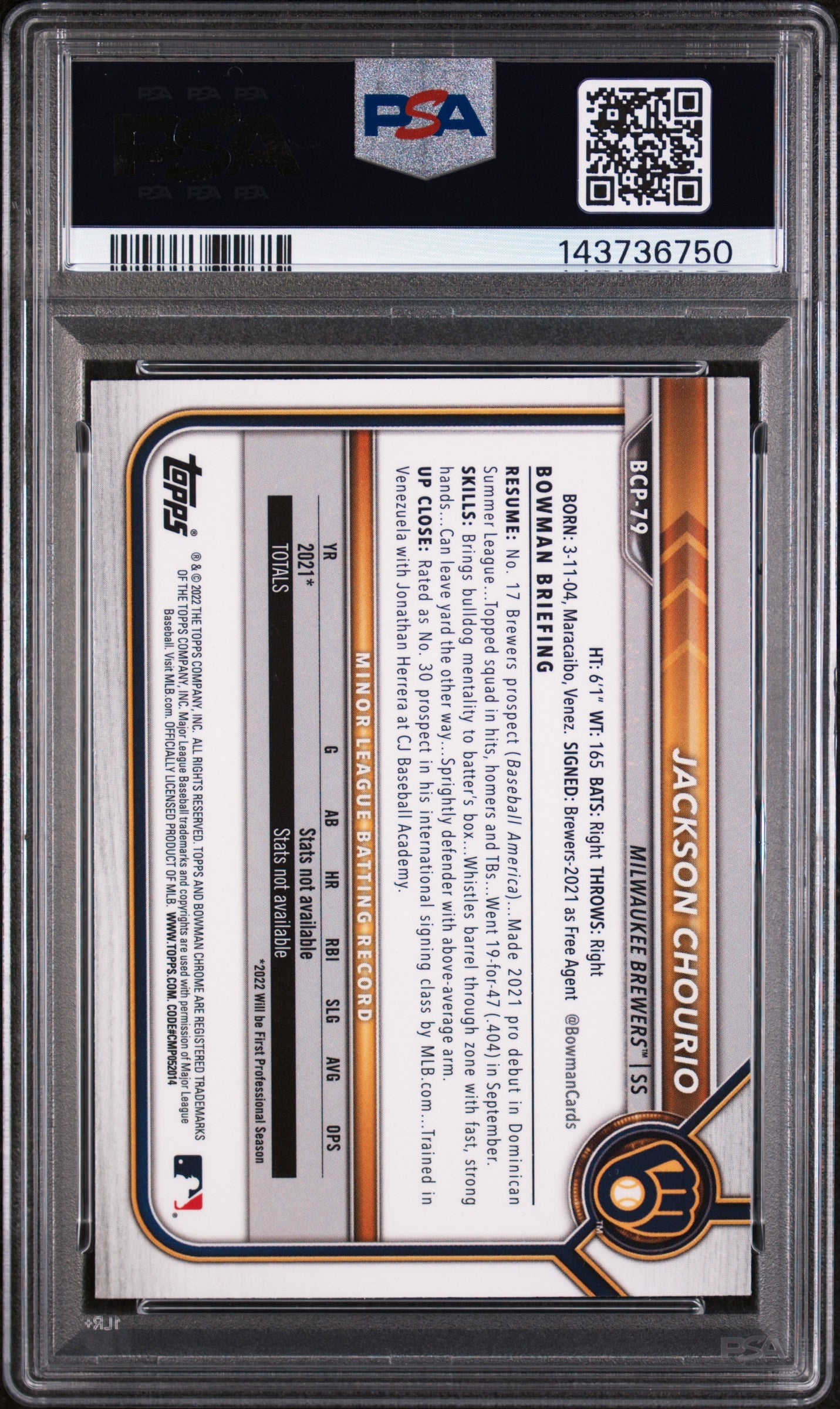 2022 Bowman Mega Box Chrome Prospect Jackson Chourio #BCP79 PSA 10