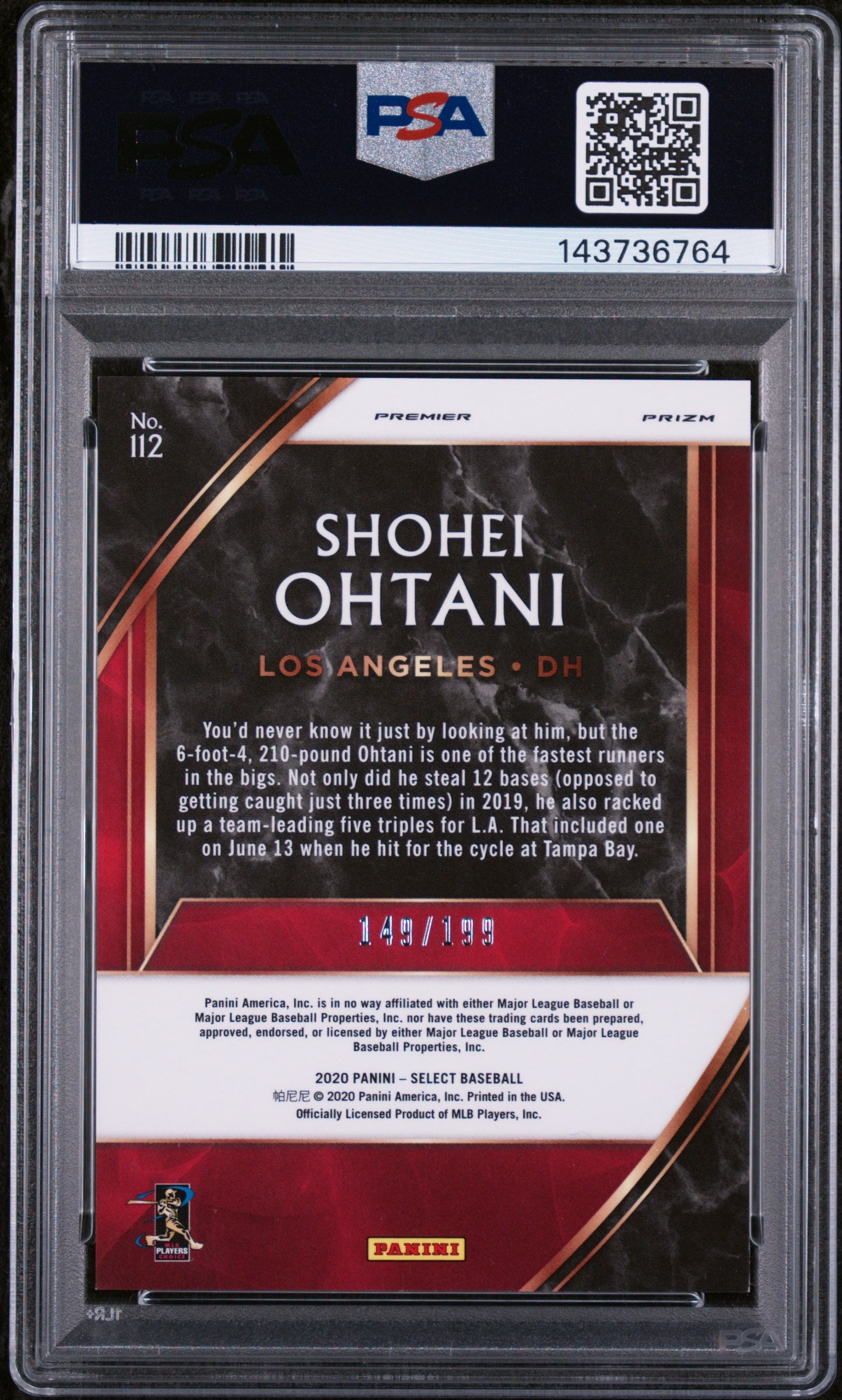 2020 Panini Select Prizms Red Shohei Ohtani #112 /199 PSA 9