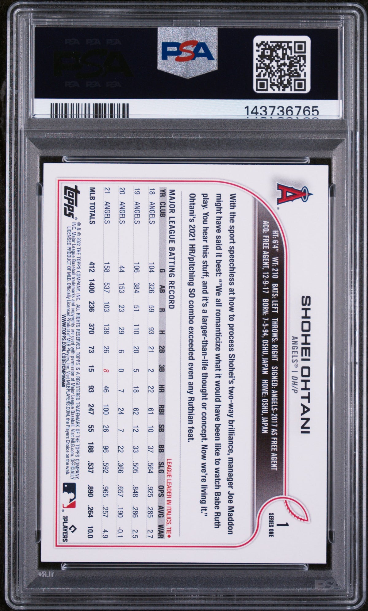 2022 Topps SP Shohei Ohtani #1A PSA 9