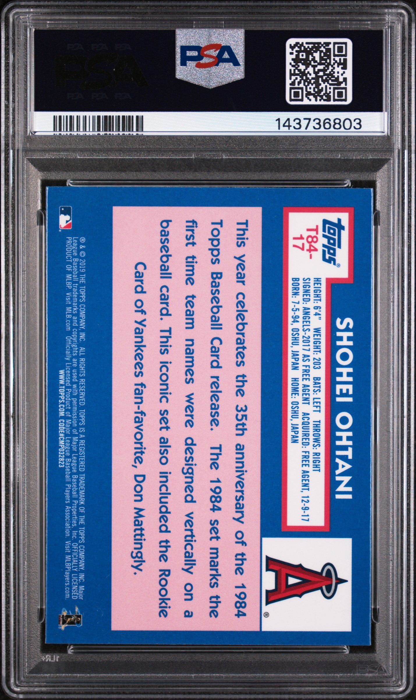2019 Topps Silver Pack '84 Chrome Promo Shohei Ohtani #T8417 PSA 9