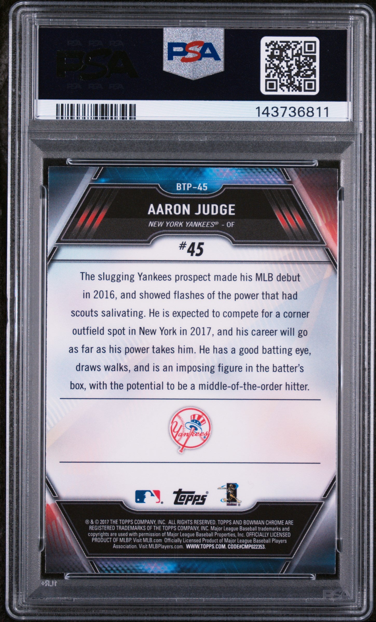 2017 Bowman Chrome Scouts Top 100 Aaron Judge #BTP-45 PSA 9