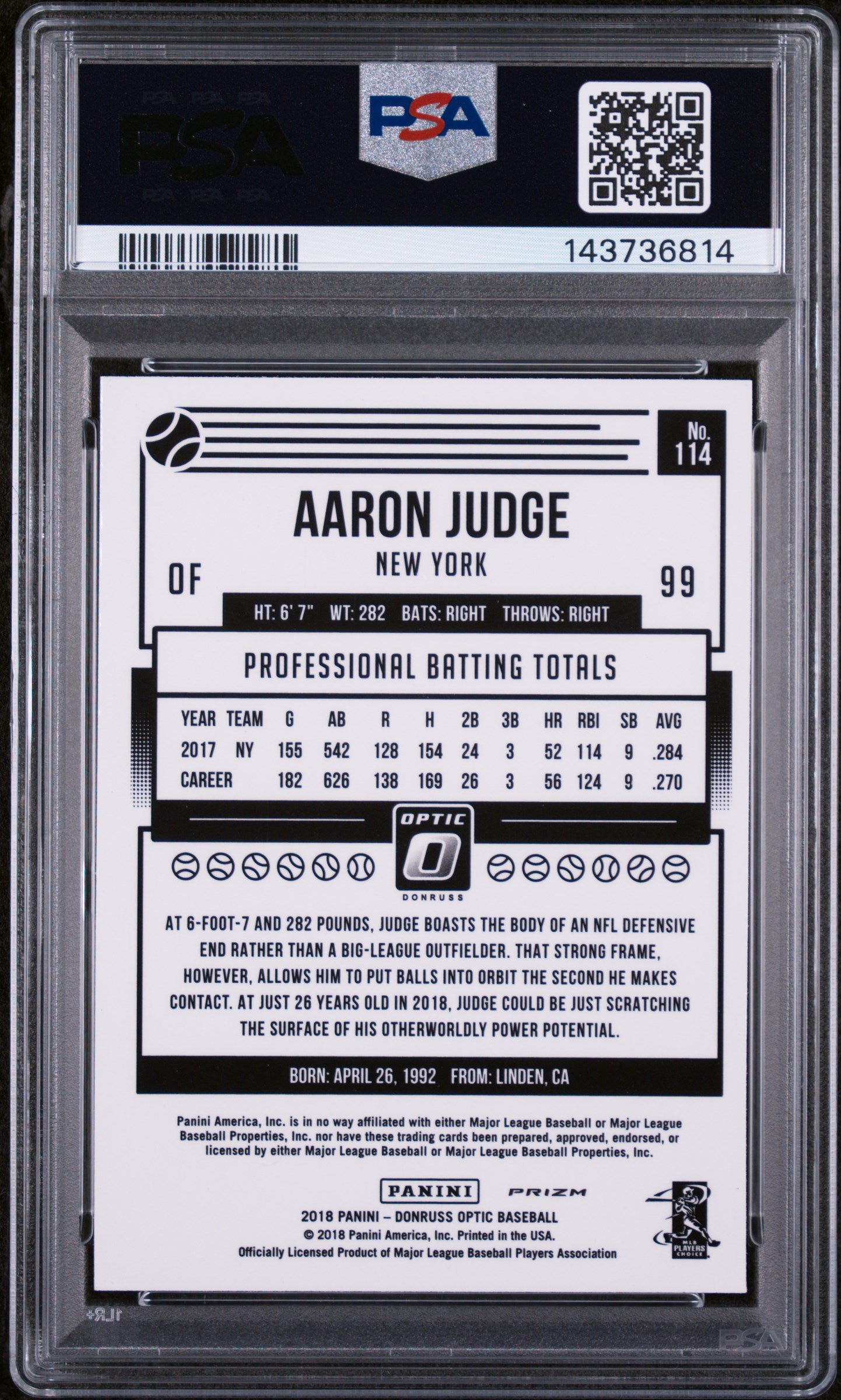 2018 Donruss Optic Pink Aaron Judge #114 PSA 9