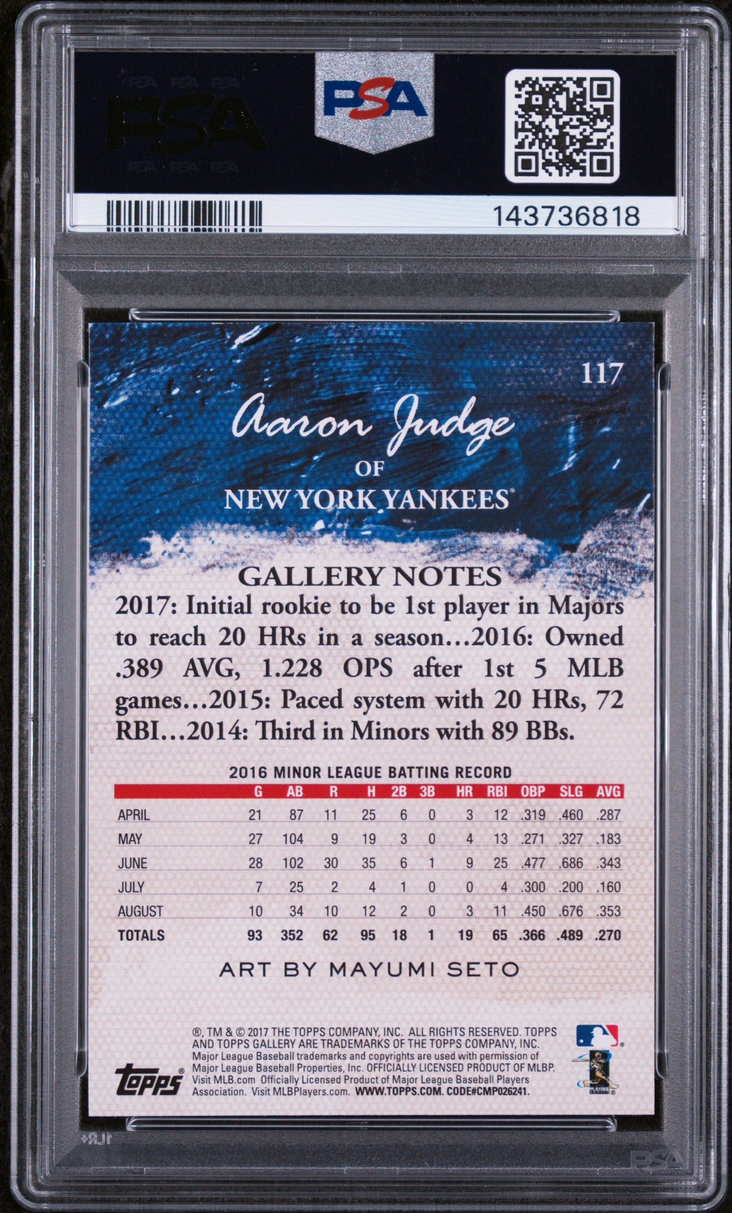2017 Topps Gallery Aaron Judge #117 PSA 9