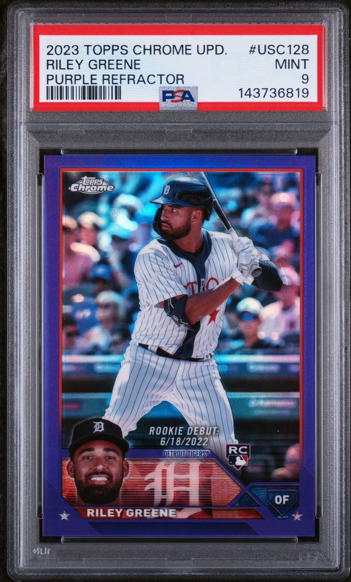 2023 Topps Chrome Update Purple Refractors Riley Greene #USC128 /250 PSA 9