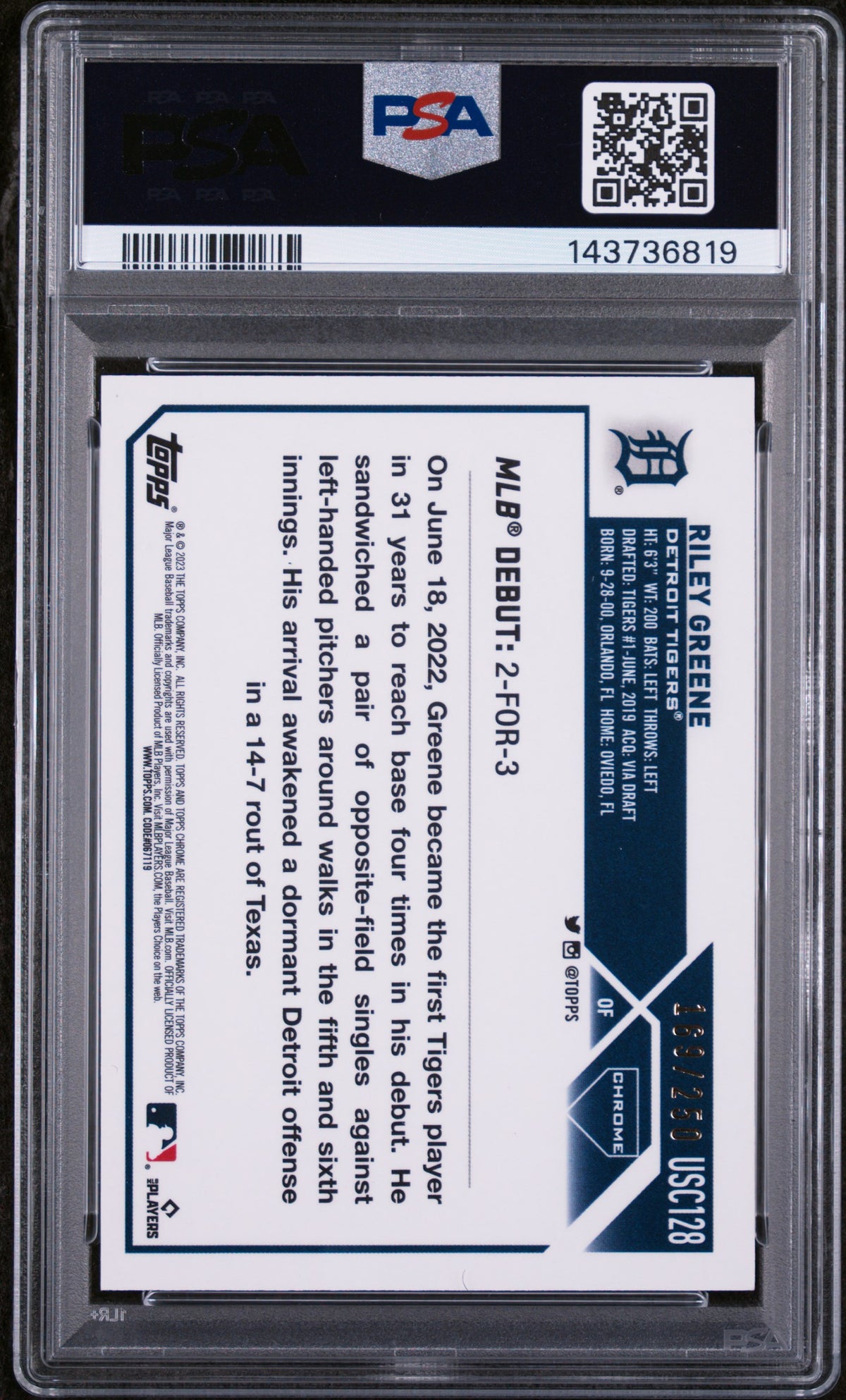 2023 Topps Chrome Update Purple Refractors Riley Greene #USC128 /250 PSA 9