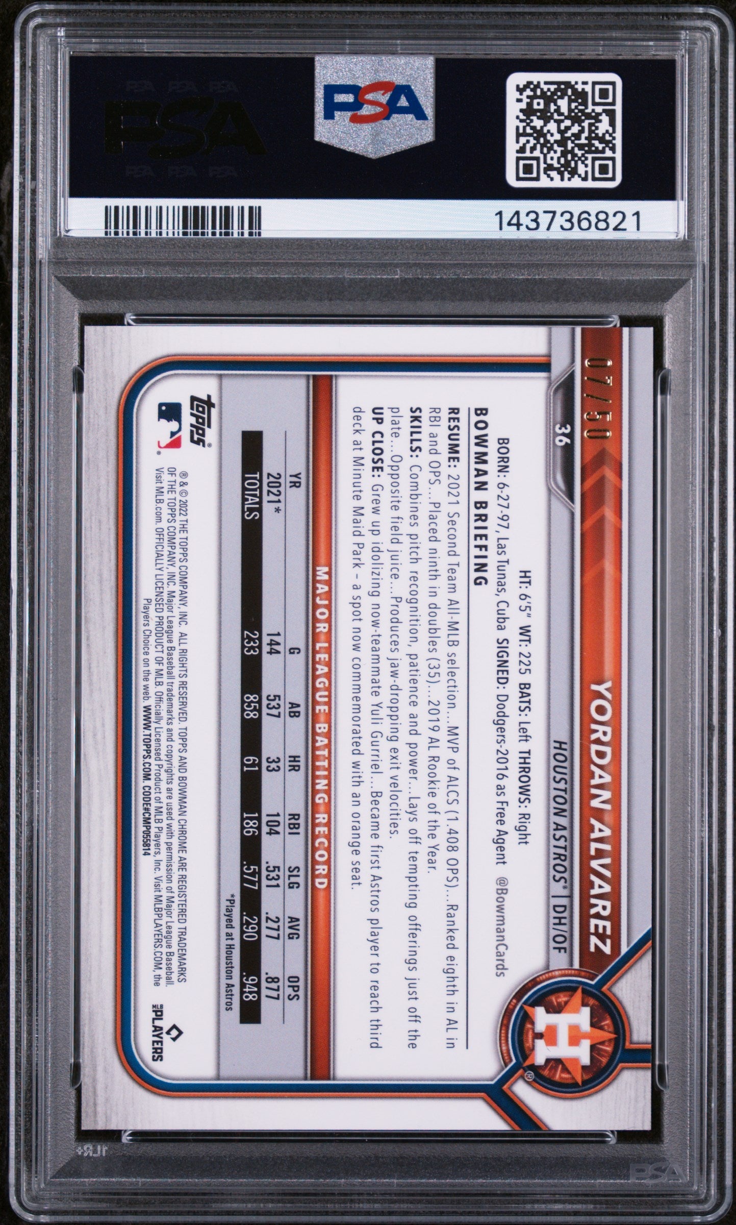 2022 Bowman Chrome Gold Refractor Yordan Alvarez #36 /50 PSA 10