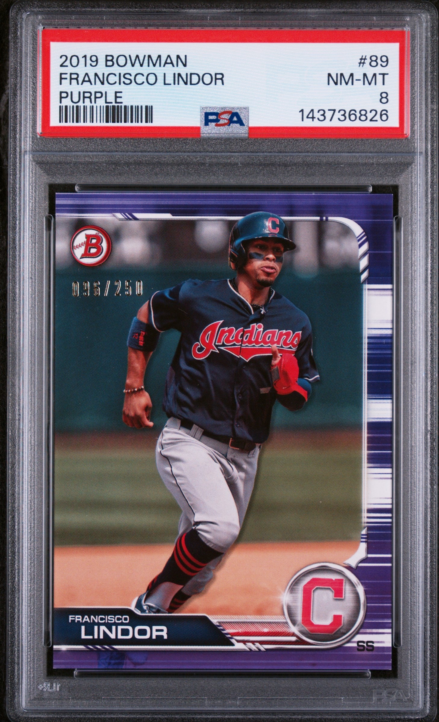 2019 Bowman Purple Francisco Lindor #89 /250 PSA 8