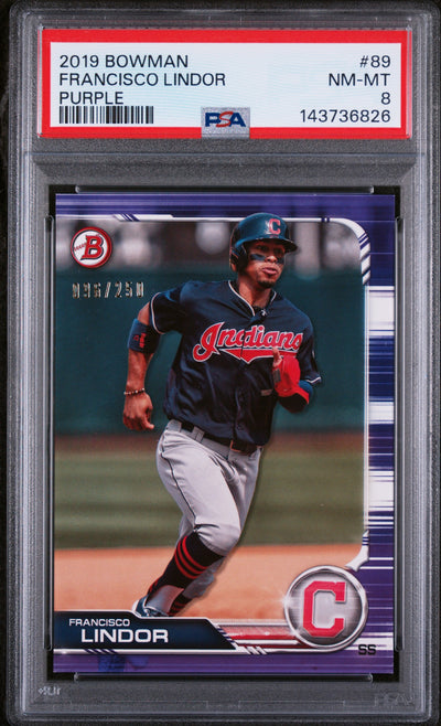 2019 Bowman Francisco Lindor #89 Purple /250 PSA 8