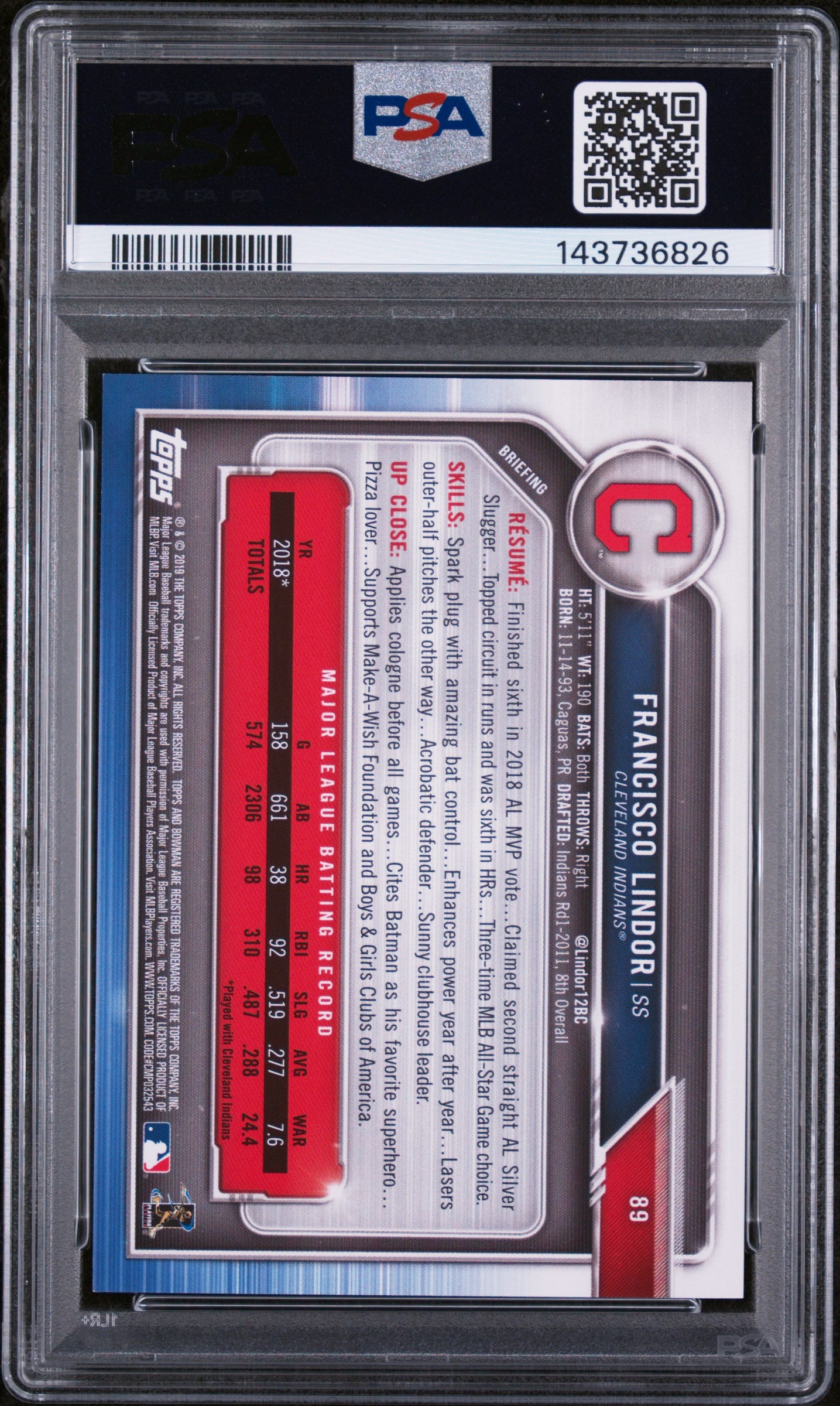 2019 Bowman Purple Francisco Lindor #89 /250 PSA 8