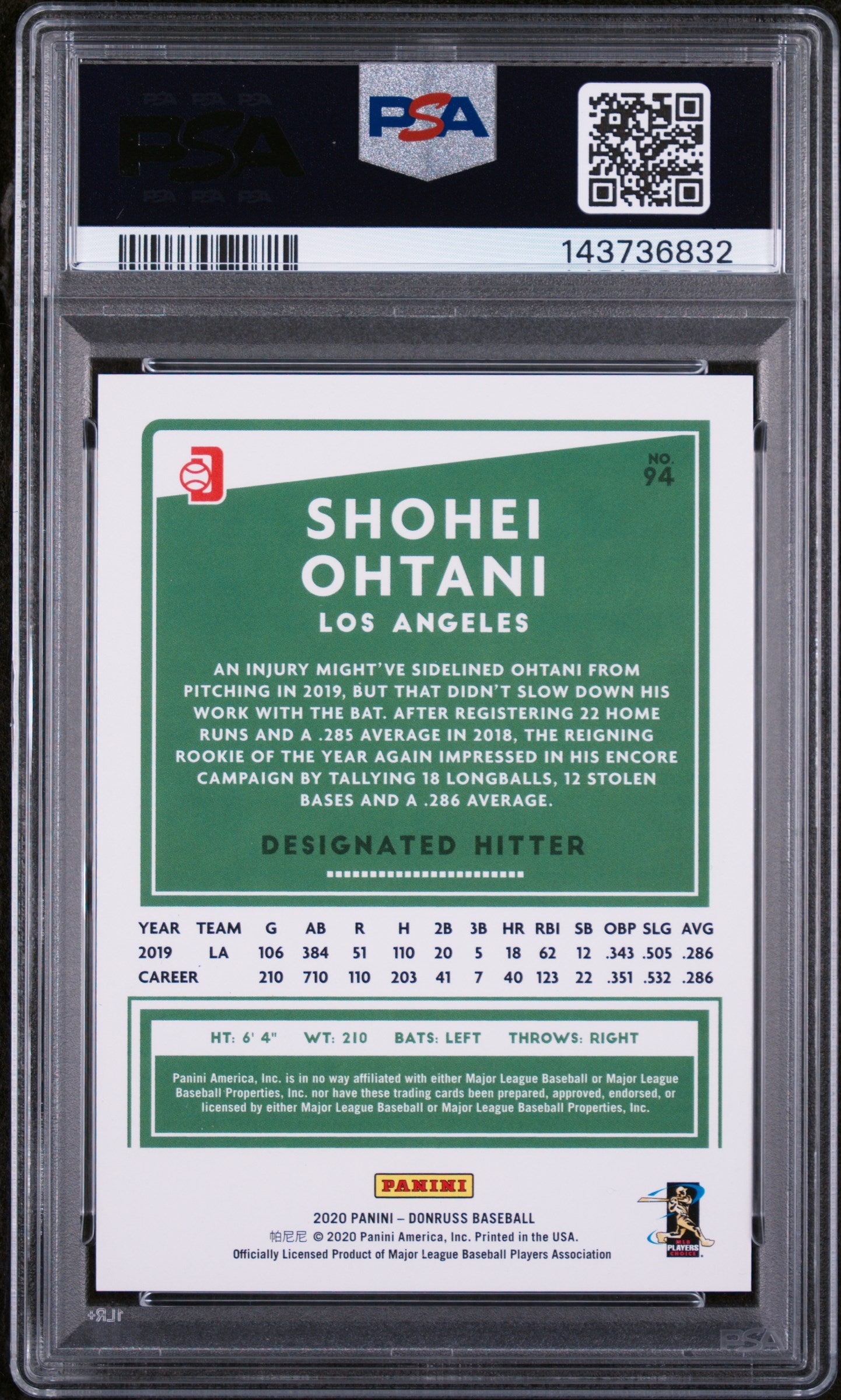 2020 Panini Donruss Sp-Season Stat Line Shohei Ohtani #94 /194 PSA 9 143736832